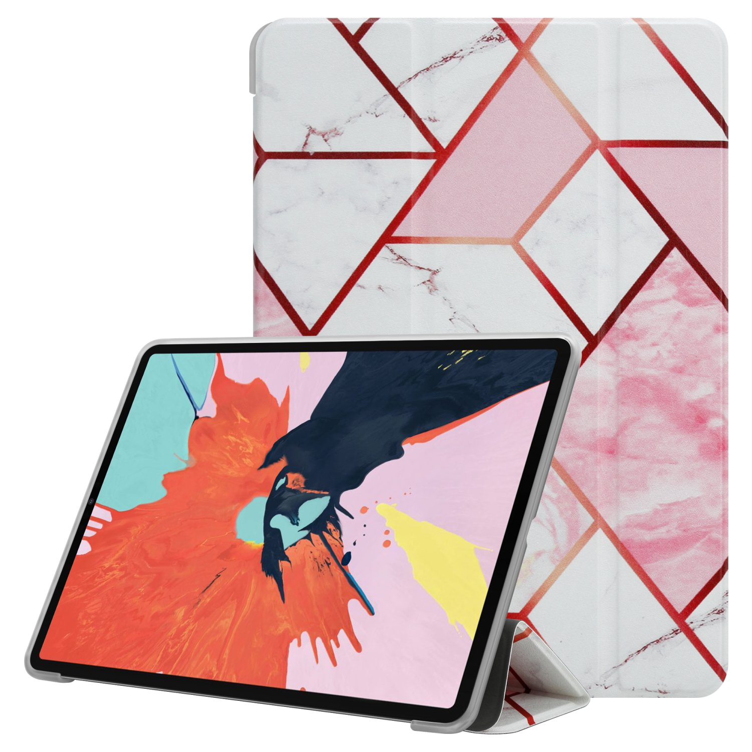 Tablet con cover rosa e bianca. La custodia ha un motivo a marmo. Il tablet mostra l'arte.
