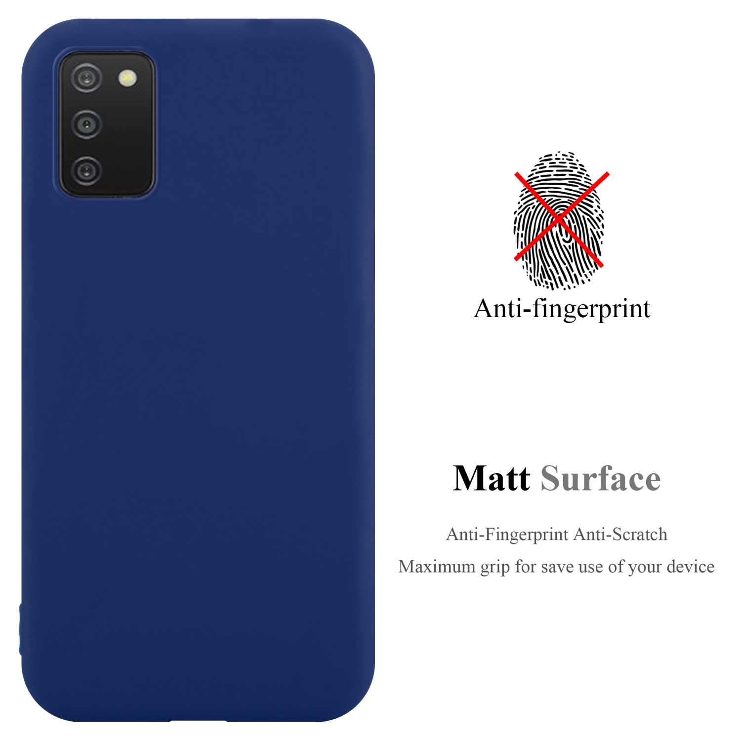 Custodia blu per telefono con tre fotocamere. Anti-impronte, superficie opaca. Il testo descrive le caratteristiche.