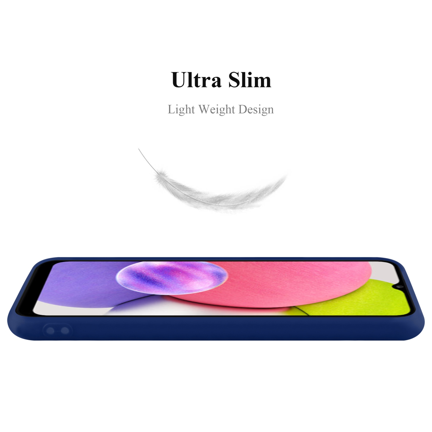 Una custodia per telefono blu, con una grafica a forma di piuma sopra. Lo schermo del telefono mostra un design viola e rosa.
