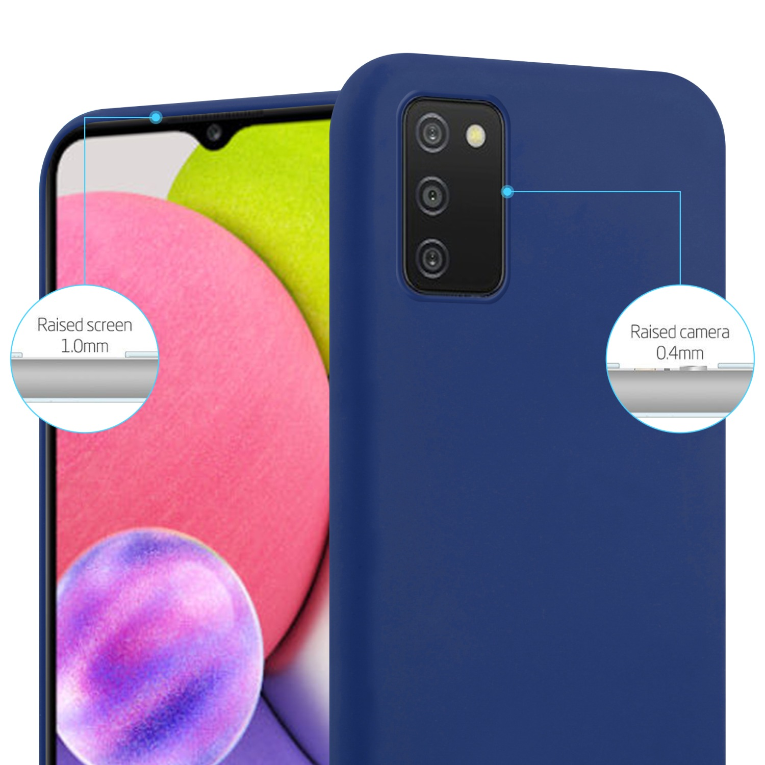 Primo piano di una custodia per telefono. Schermo e fotocamera rialzati. Custodia per telefono blu scuro.