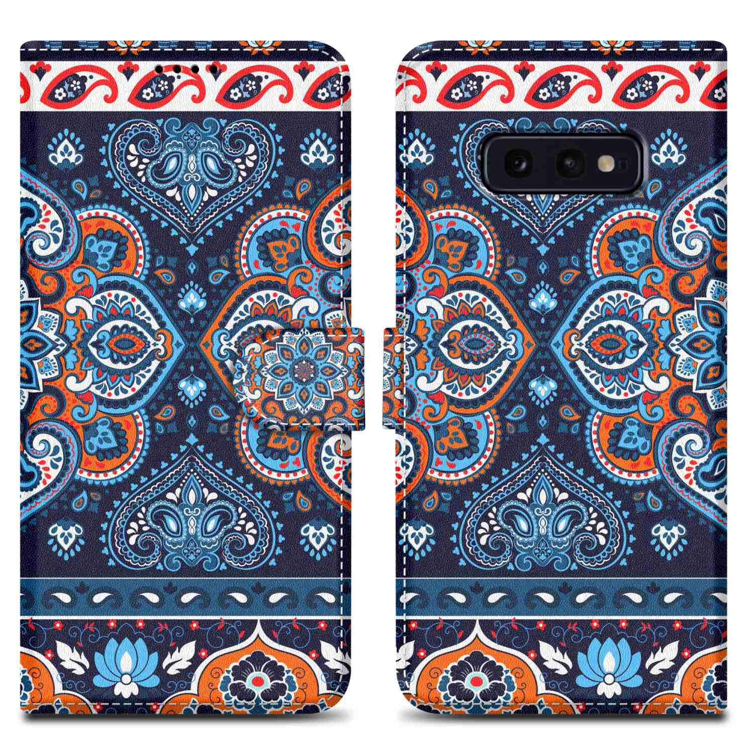 Custodia per telefono con motivo paisley blu, arancione e bianco, aperta, che mostra il design del telefono.