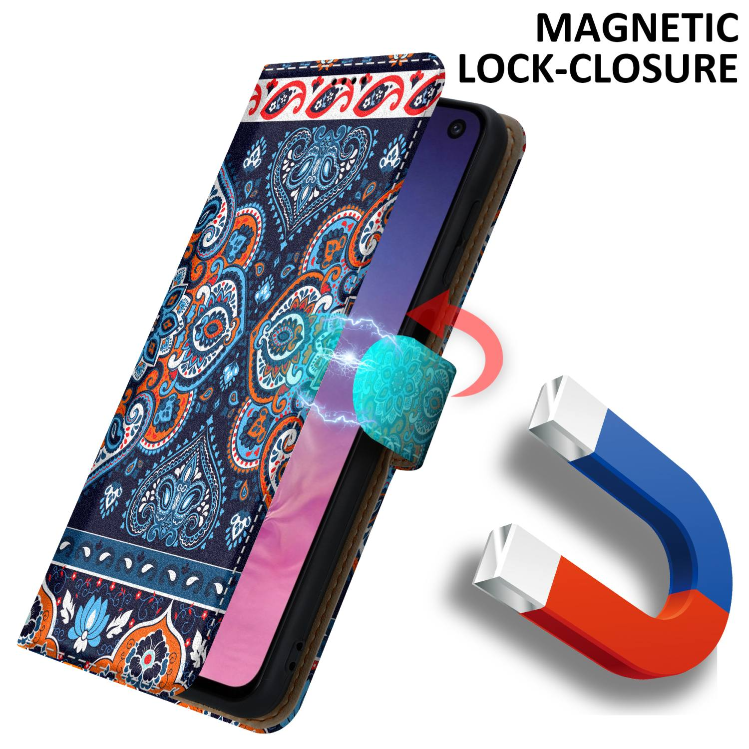 Una custodia per telefono con chiusura magnetica, con un design a fantasia e una clip magnetica.