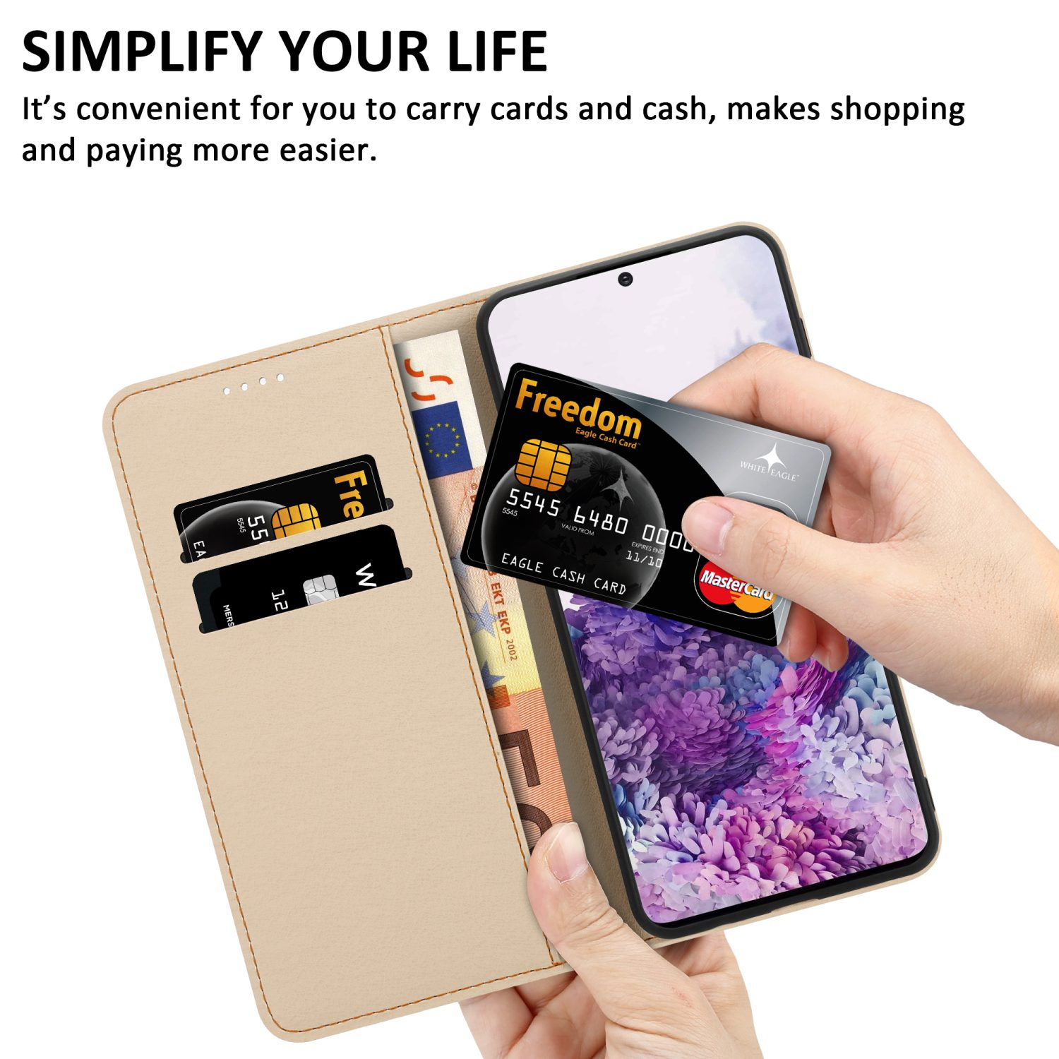 Una mano che tiene una custodia per telefono, con carte e denaro all'interno. Il testo recita: Semplifica la tua vita.