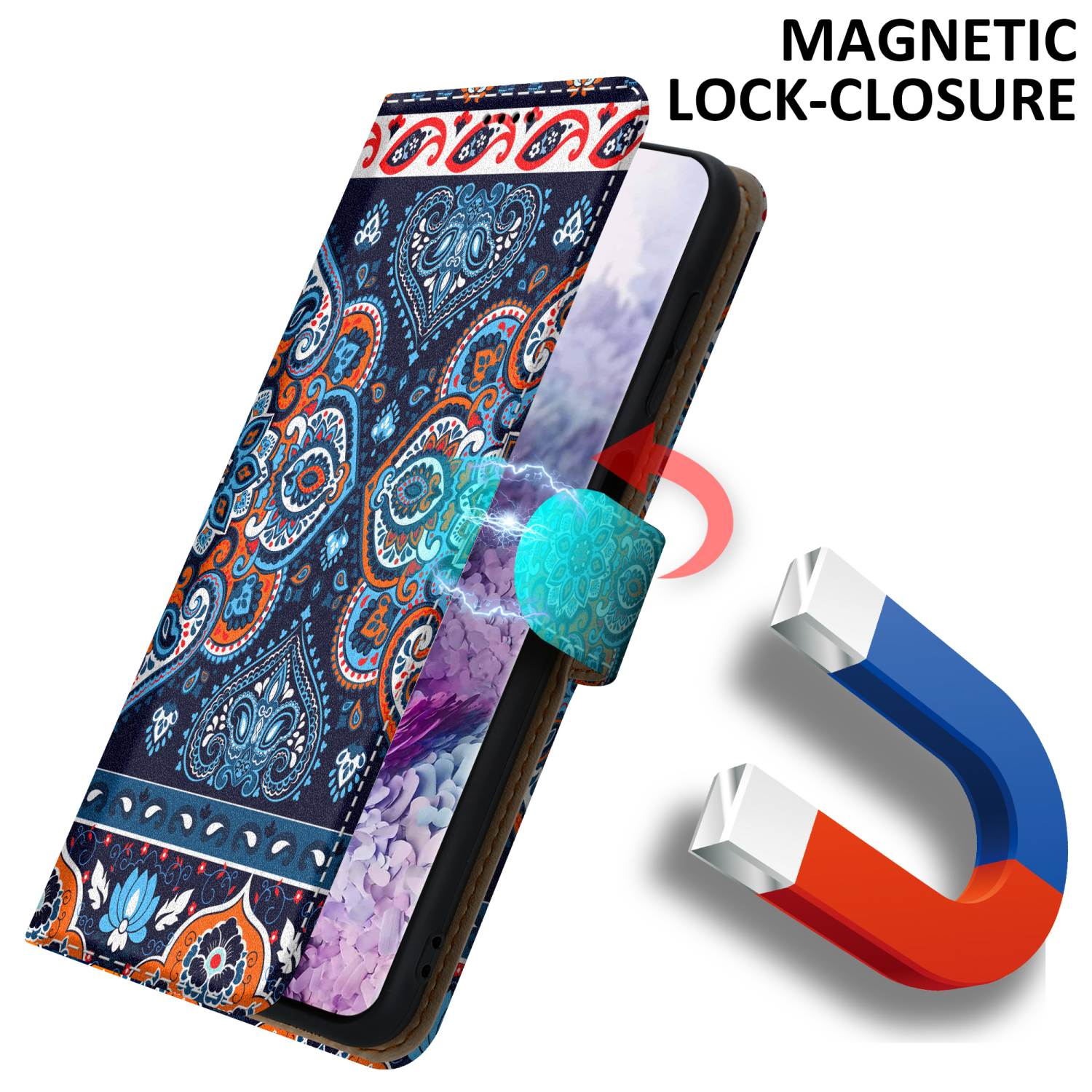 Custodia per telefono aperta con un design a motivi. Un magnete è attaccato alla custodia.