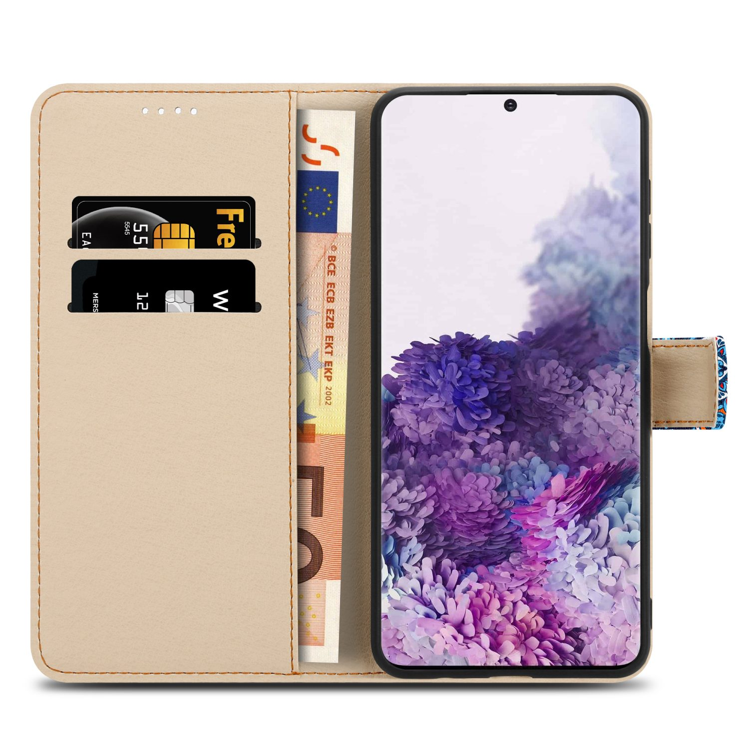 Portafoglio per custodia del telefono beige con denaro e carte. Il telefono mostra uno sfondo floreale viola.