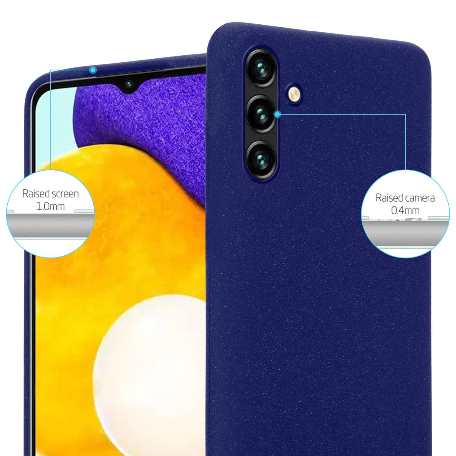 Eine blaue Handyhülle mit erhöhtem Bildschirm- und Kameraschutz. Das Telefon hat drei Kameralinsen.