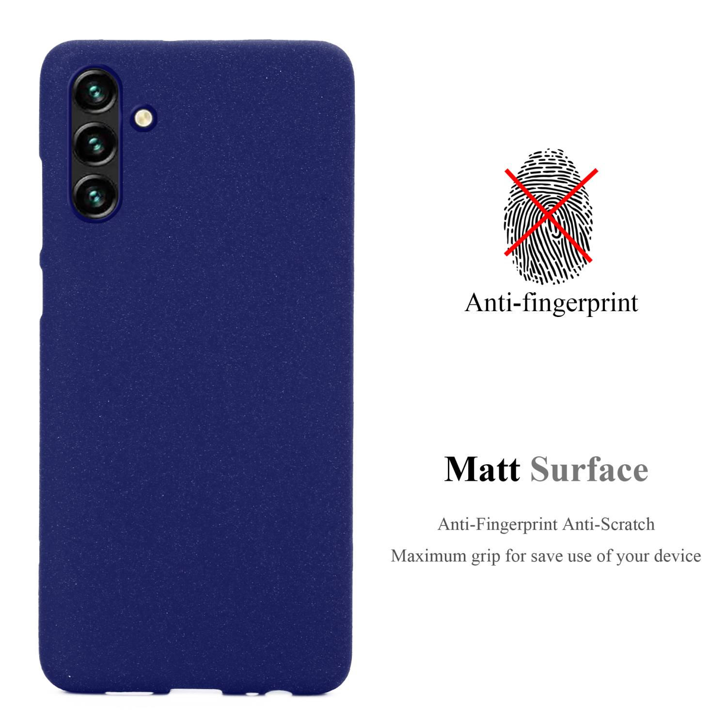 Blaue Handyhülle mit Anti-Fingerabdruck und matter Oberfläche. Text weist auf Kratzfestigkeit hin.