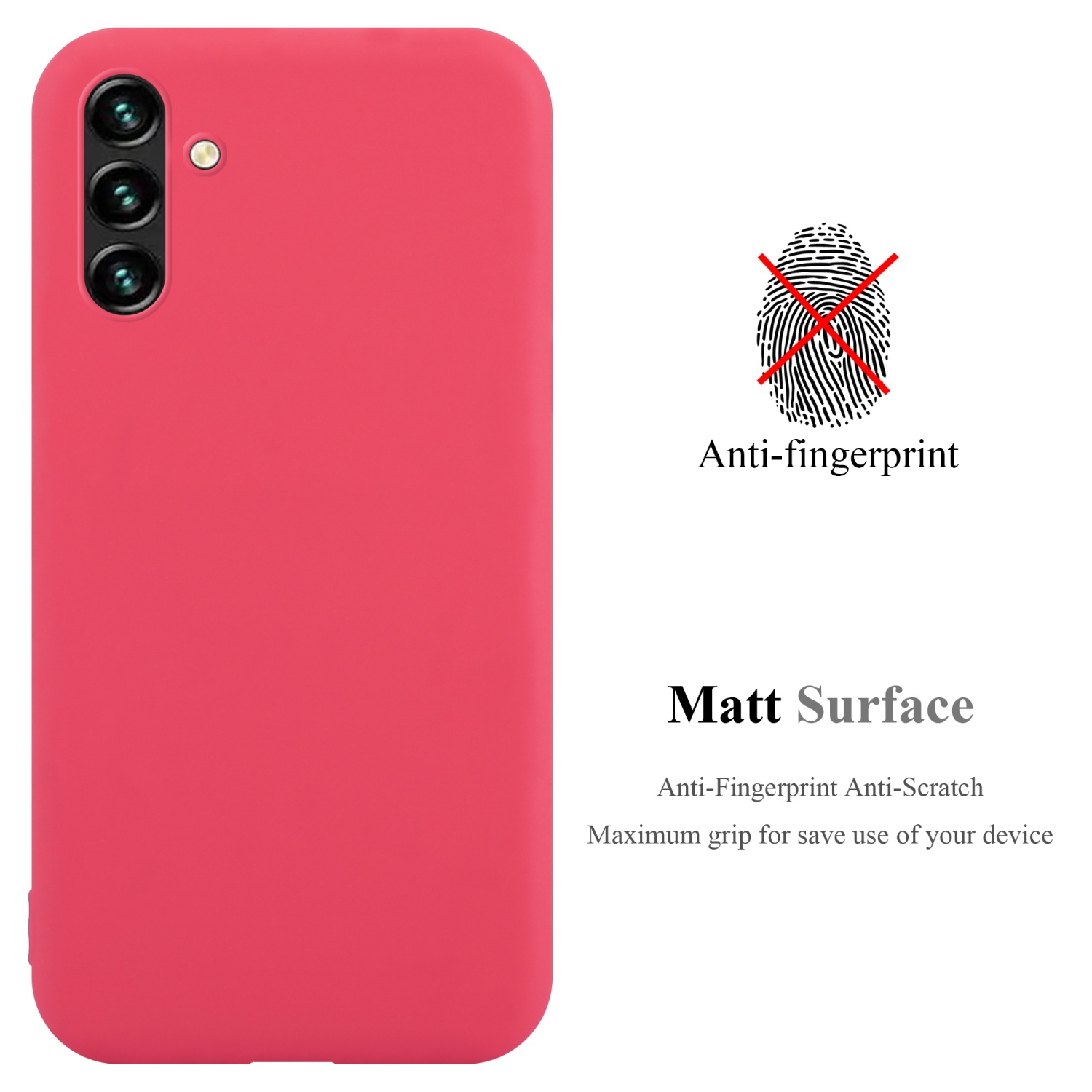 Eine rote Handyhülle mit drei Kameras. Anti-Fingerabdruck und matte Oberfläche.