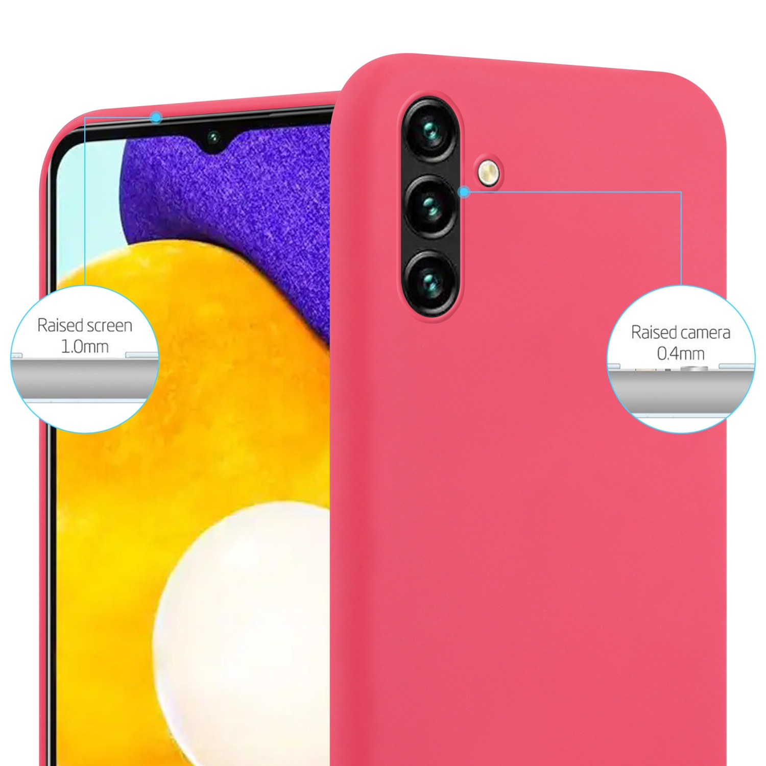 Rosa Telefon mit Bildschirm- und Kameraschutz. Text: Erhöhter Bildschirm 1,0 mm und erhöhte Kamera 0,4 mm.