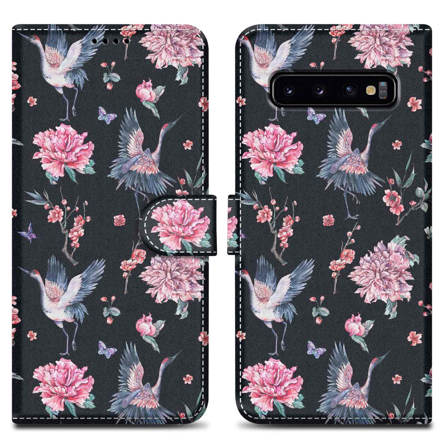 Handyhülle mit Kranichen, Blumen auf schwarzem Hintergrund. Geöffnet mit Telefon.