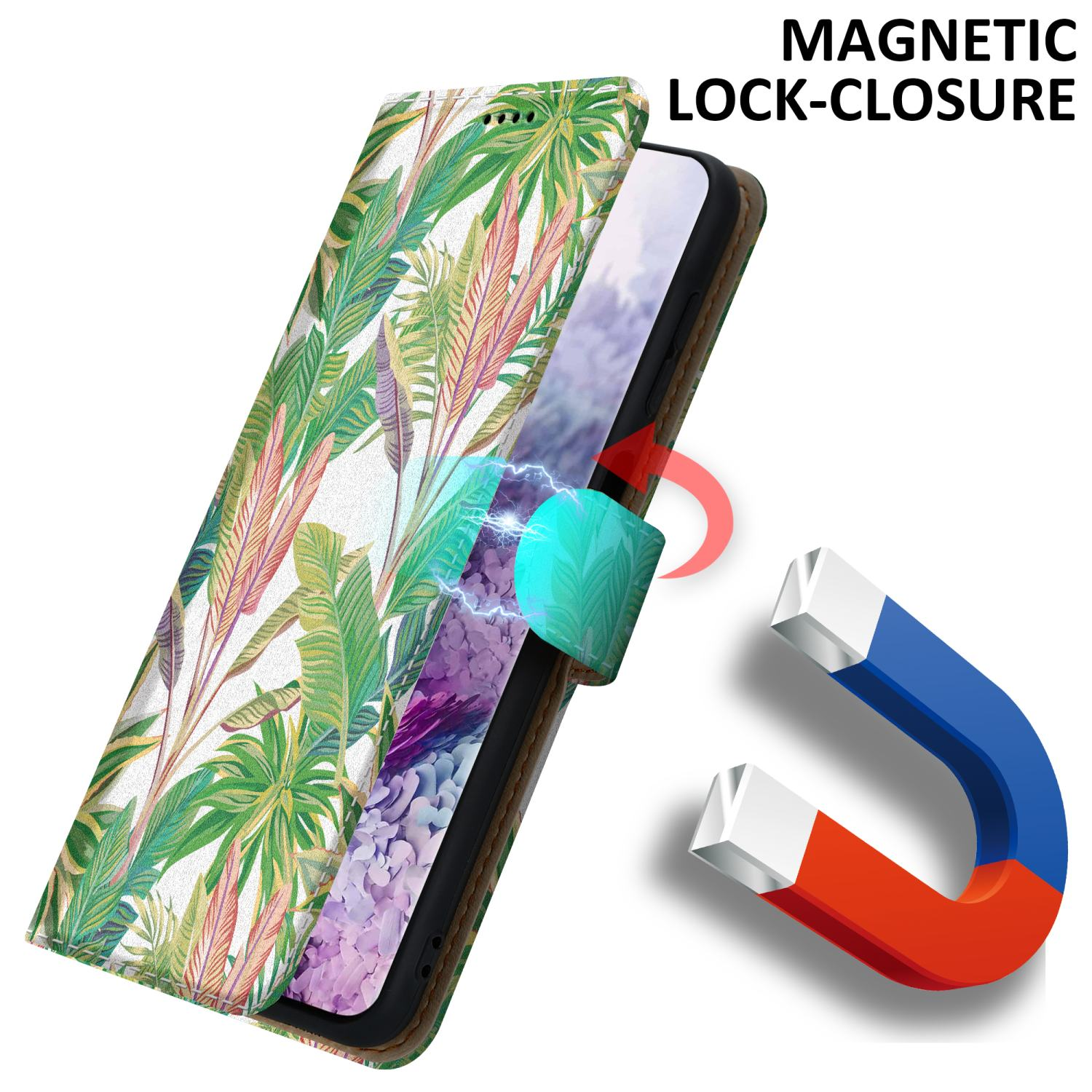 Handyhülle mit floralem Design und Magnetverschluss. Text: Magnetischer Verschluss. Ein Magnet wird gezeigt.