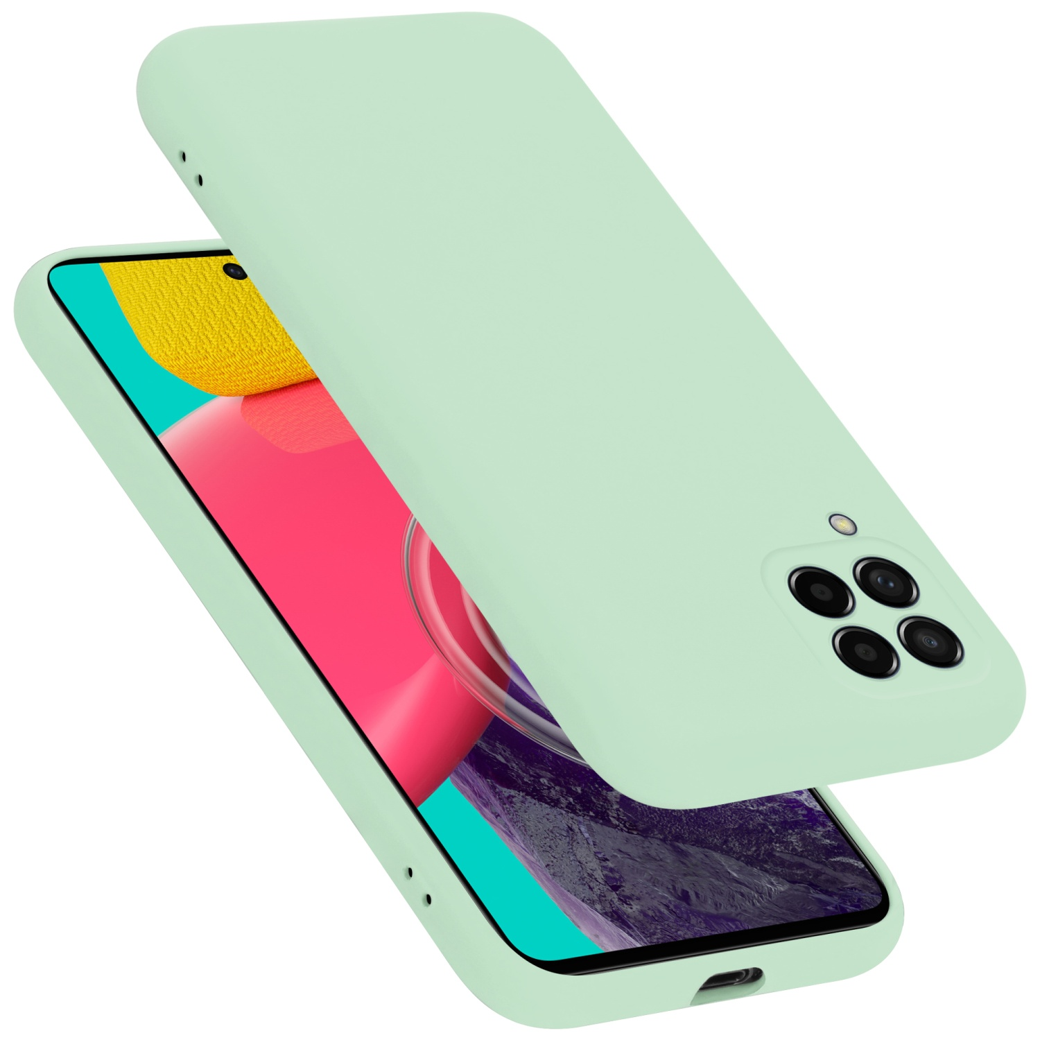 Hellgrüne Handyhülle, die das Telefon zeigt. Eine andere Hülle befindet sich auf der Rückseite.