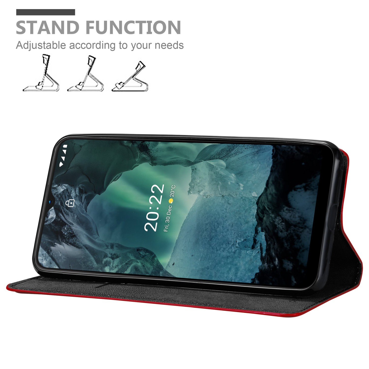 Telefono nero in custodia rossa con funzione stand. Mostra le posizioni dello stand.