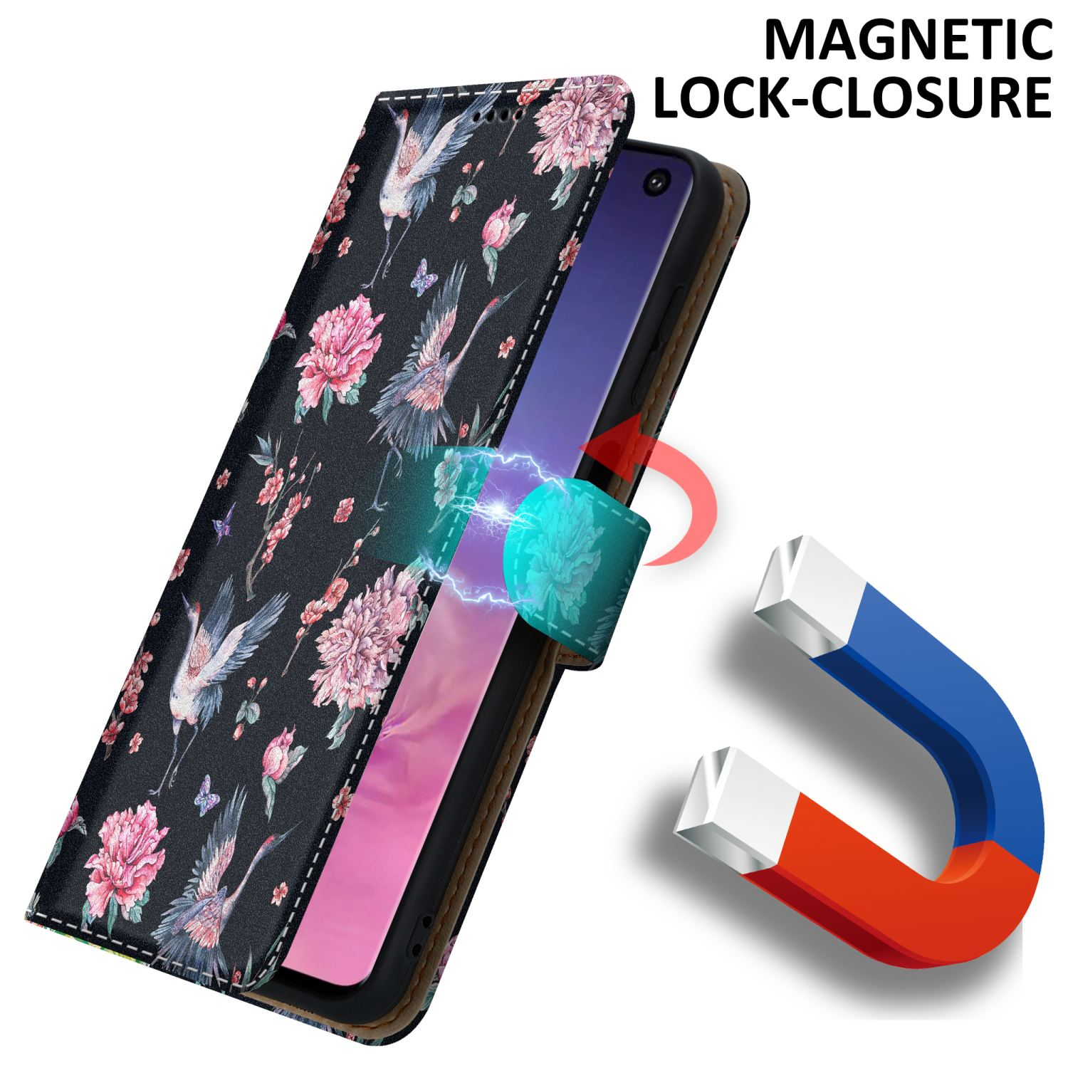 Handyhülle mit Blumendesign, geöffnet, um das Telefon zu zeigen. Magnetverschluss gezeigt. Text: MAGNETISCHER VERSCHLUSS.