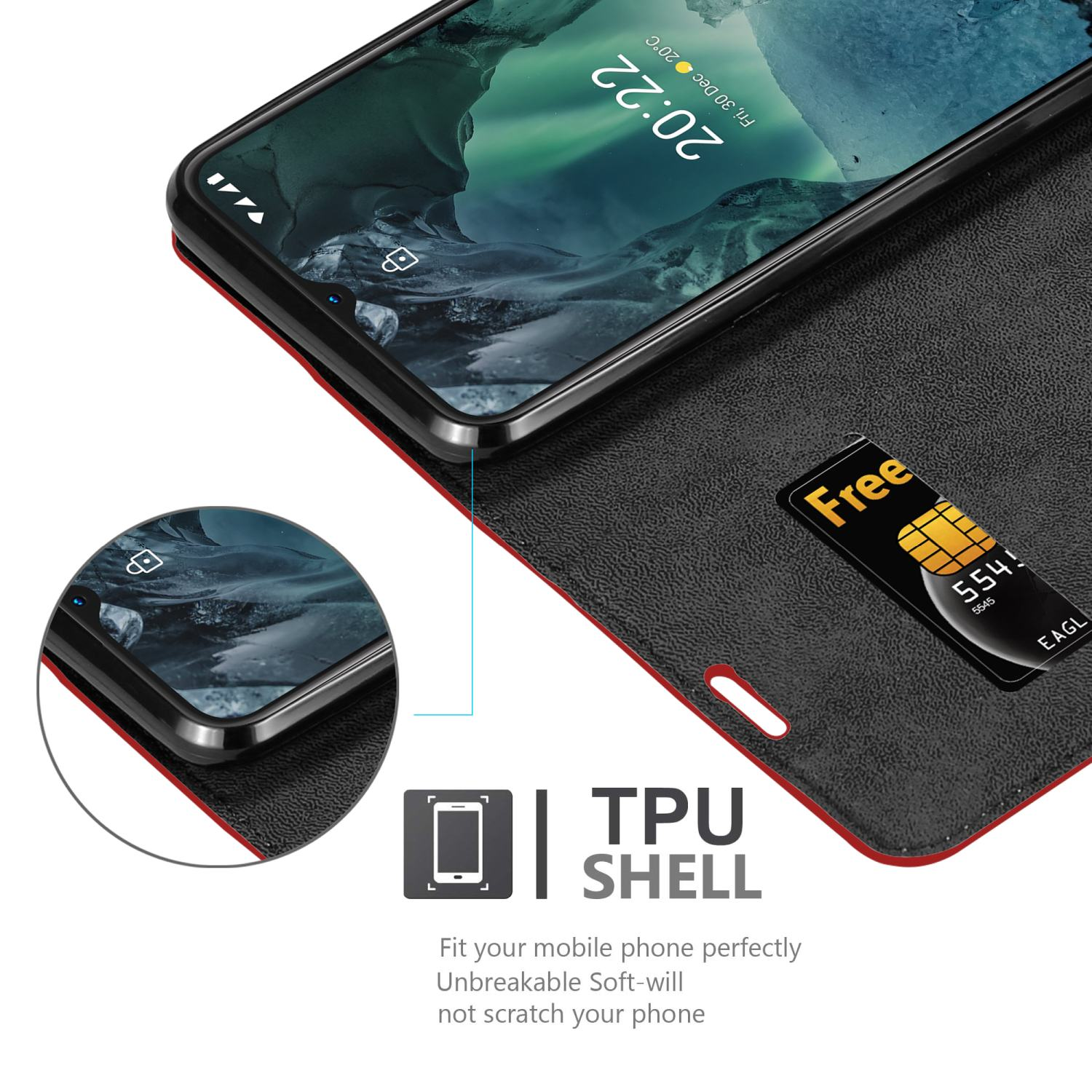 Custodia nera per telefono con telefono all'interno. Viene mostrata una SIM card. Guscio in TPU.