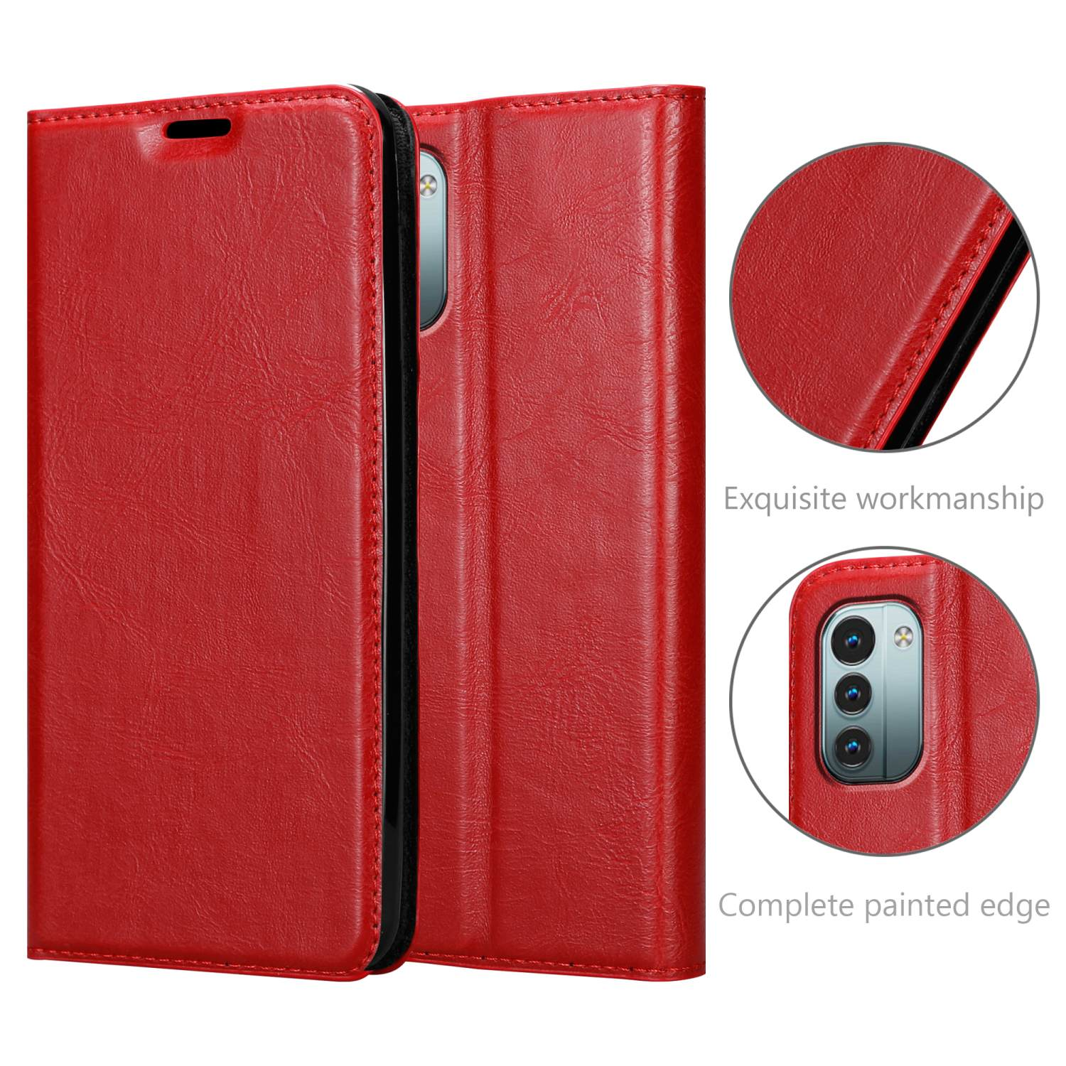 Custodia rossa per telefono con design a libro. Due sezioni della custodia sono mostrate con il telefono.