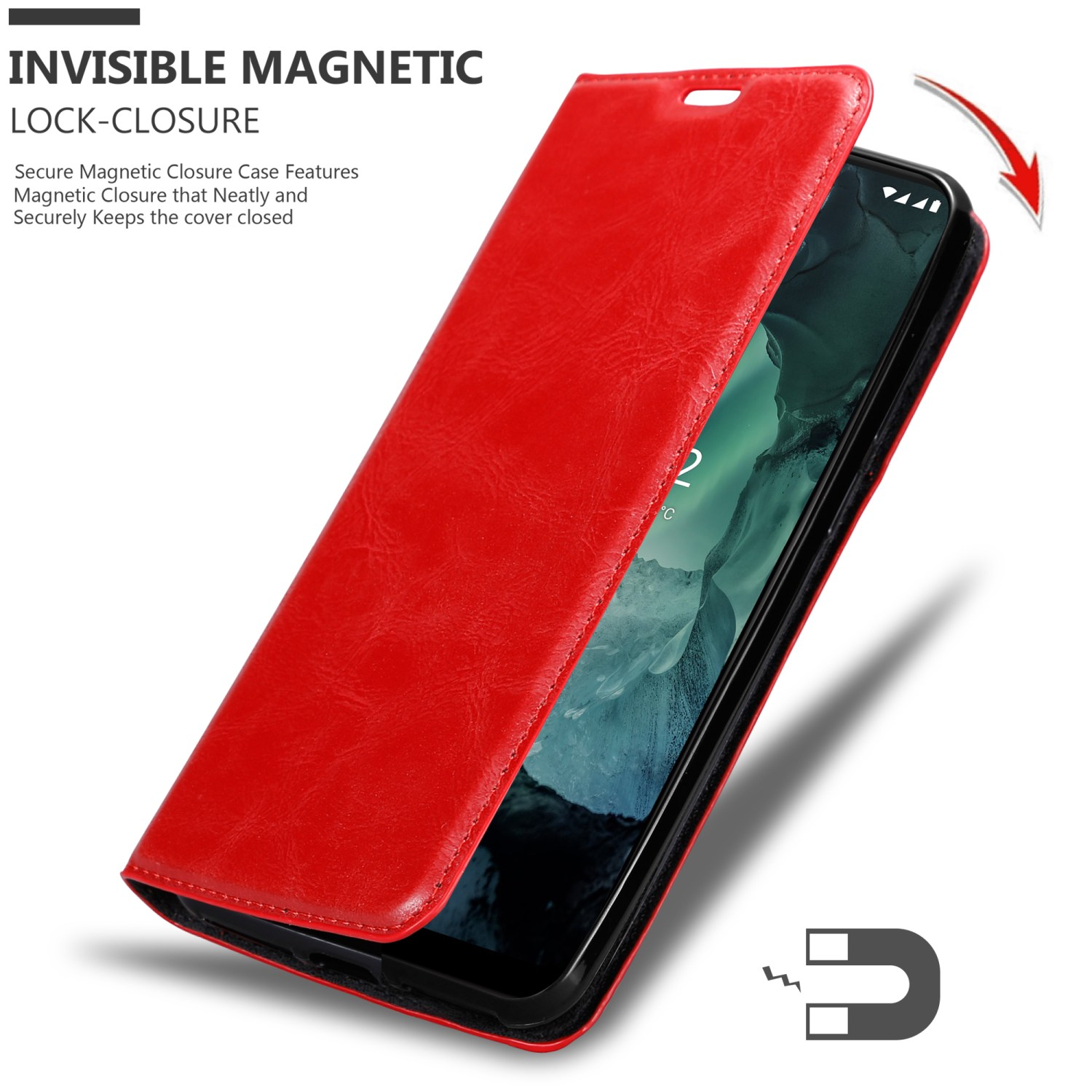 Custodia per telefono rossa aperta, che rivela un telefono. Il testo dice 'Invisible Magnetic Lock-Closure'.