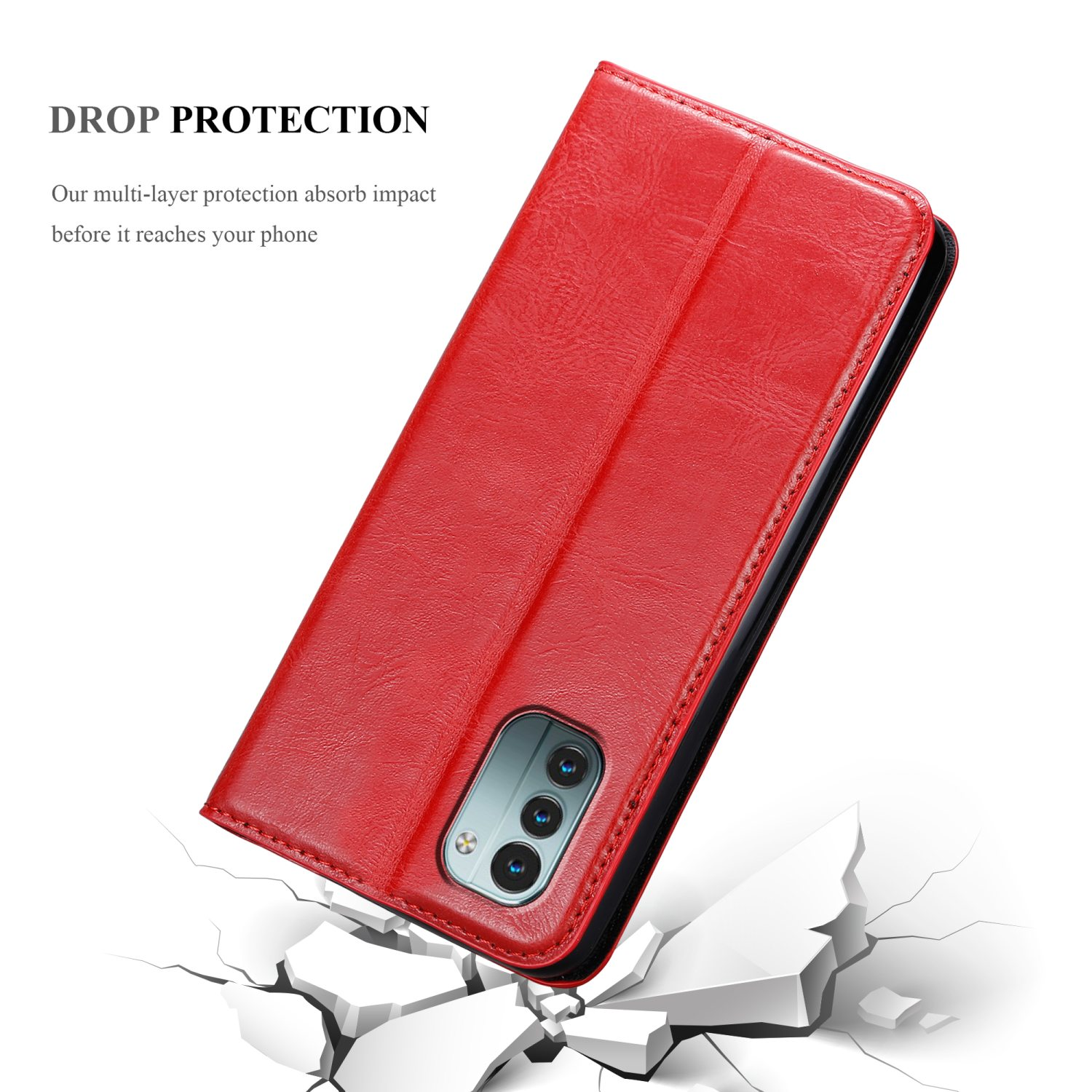 Custodia rossa per telefono, angolata, su una superficie bianca incrinata. Mostra una fotocamera.