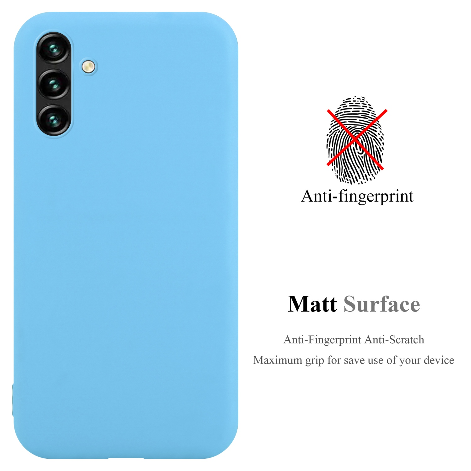 Eine hellblaue Handyhülle mit mehreren Kameralinsen. Anti-Fingerabdruck und matte Oberfläche.