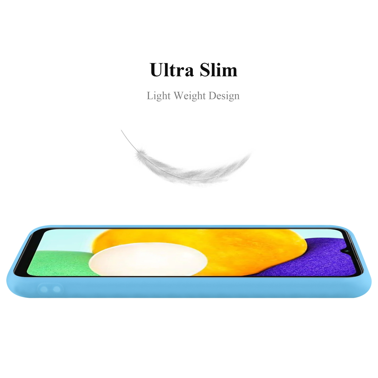 Handyhülle mit Telefon. Ultraschlankes Design, leicht. Blaue Hülle und Telefon.