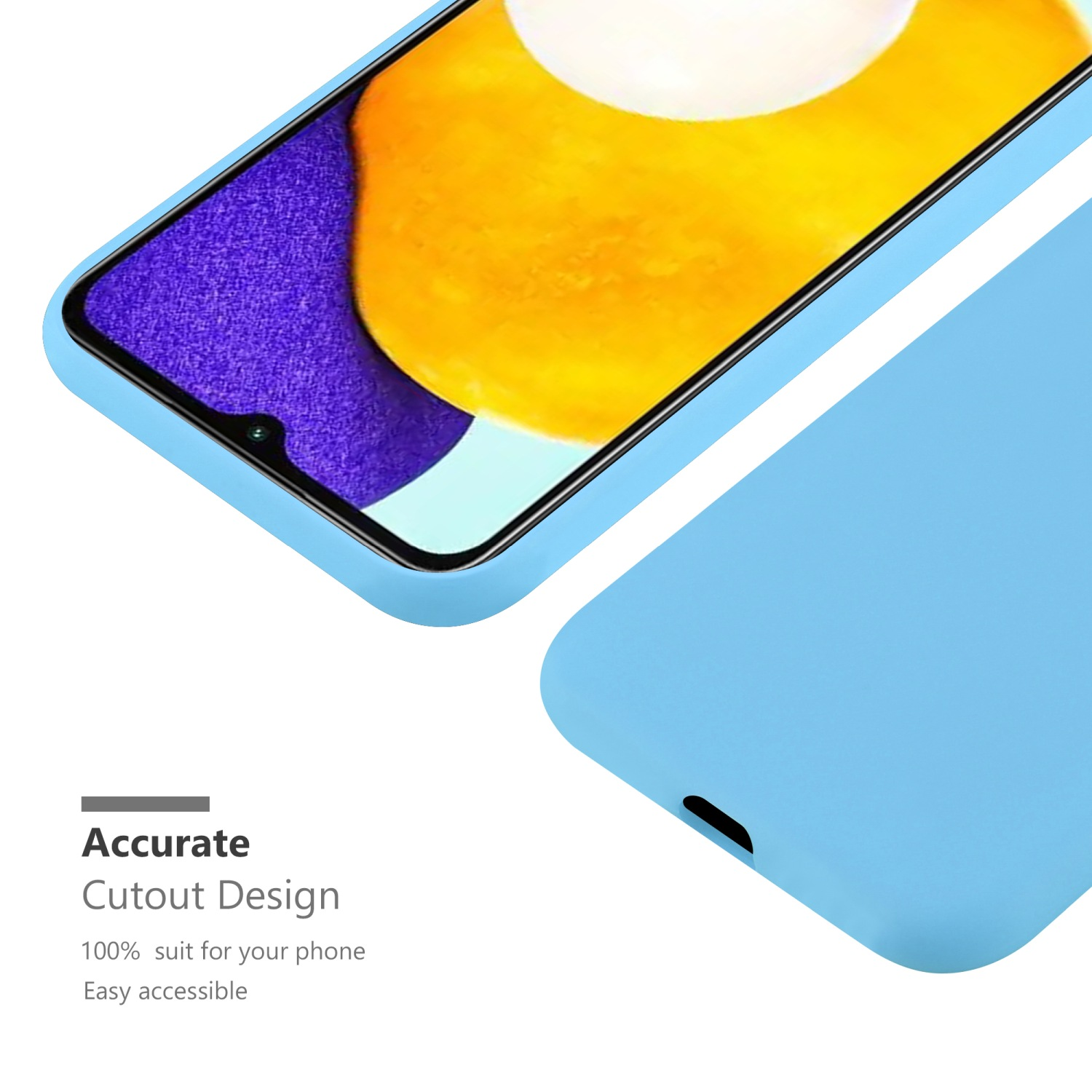 Himmelblaue Handyhülle. Das Telefon ist darin. Der Rand der Hülle ist sichtbar. Es hat ein Ausschnittdesign.