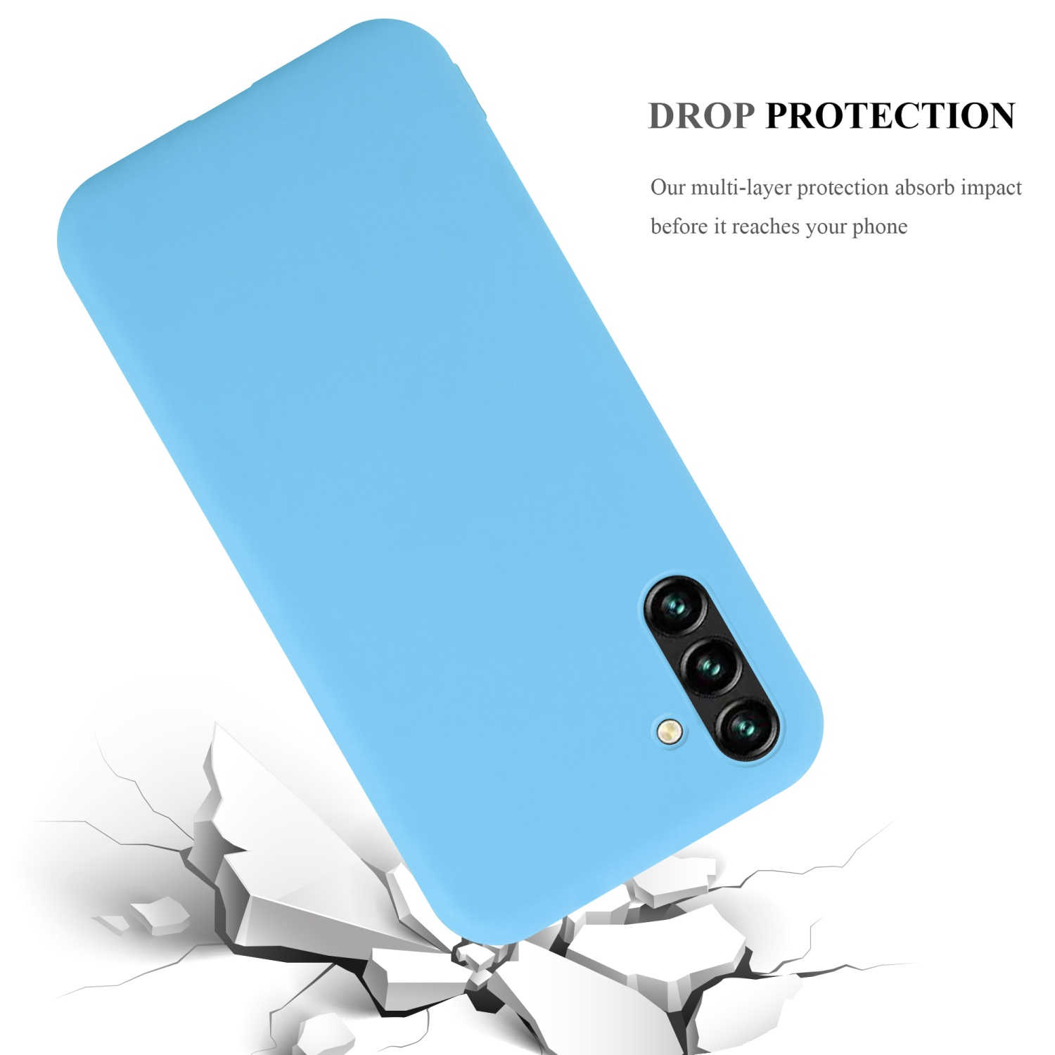 Blaue Handyhülle auf weißem Hintergrund. Das Telefon ist leicht geneigt.