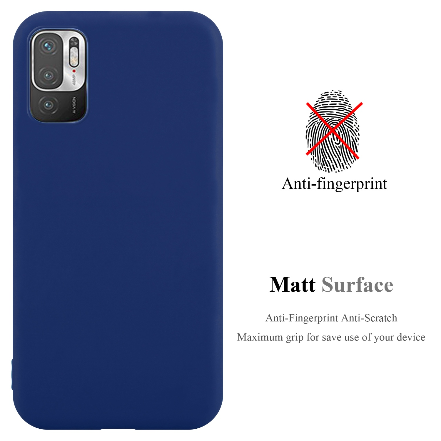Una custodia per telefono blu scuro. Un simbolo di impronta digitale con una croce rossa a destra. Il testo recita 'Matt Surface'.
