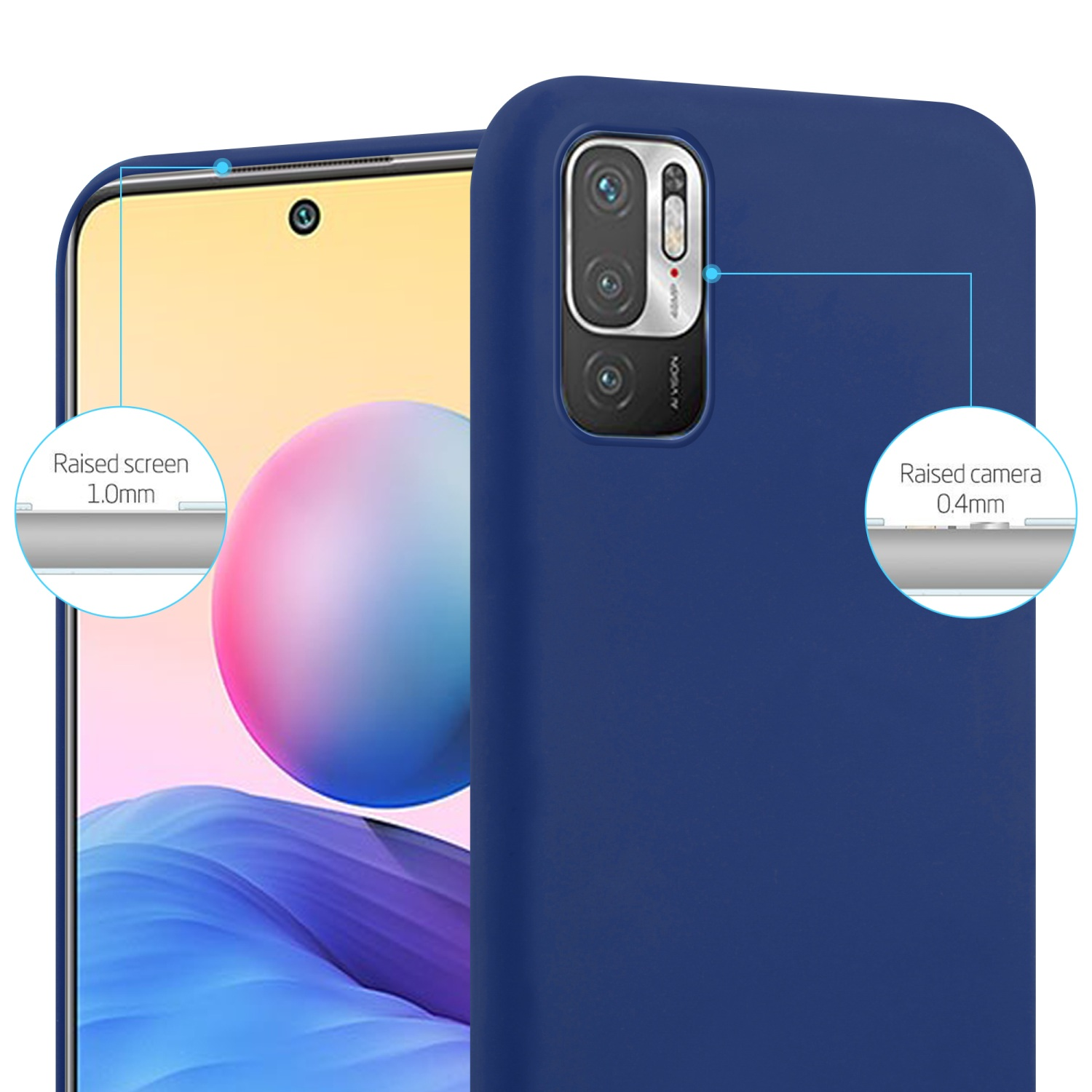 Custodia per telefono blu con telefono all'interno. Il telefono mostra il suo schermo ed è vicino alla fotocamera.