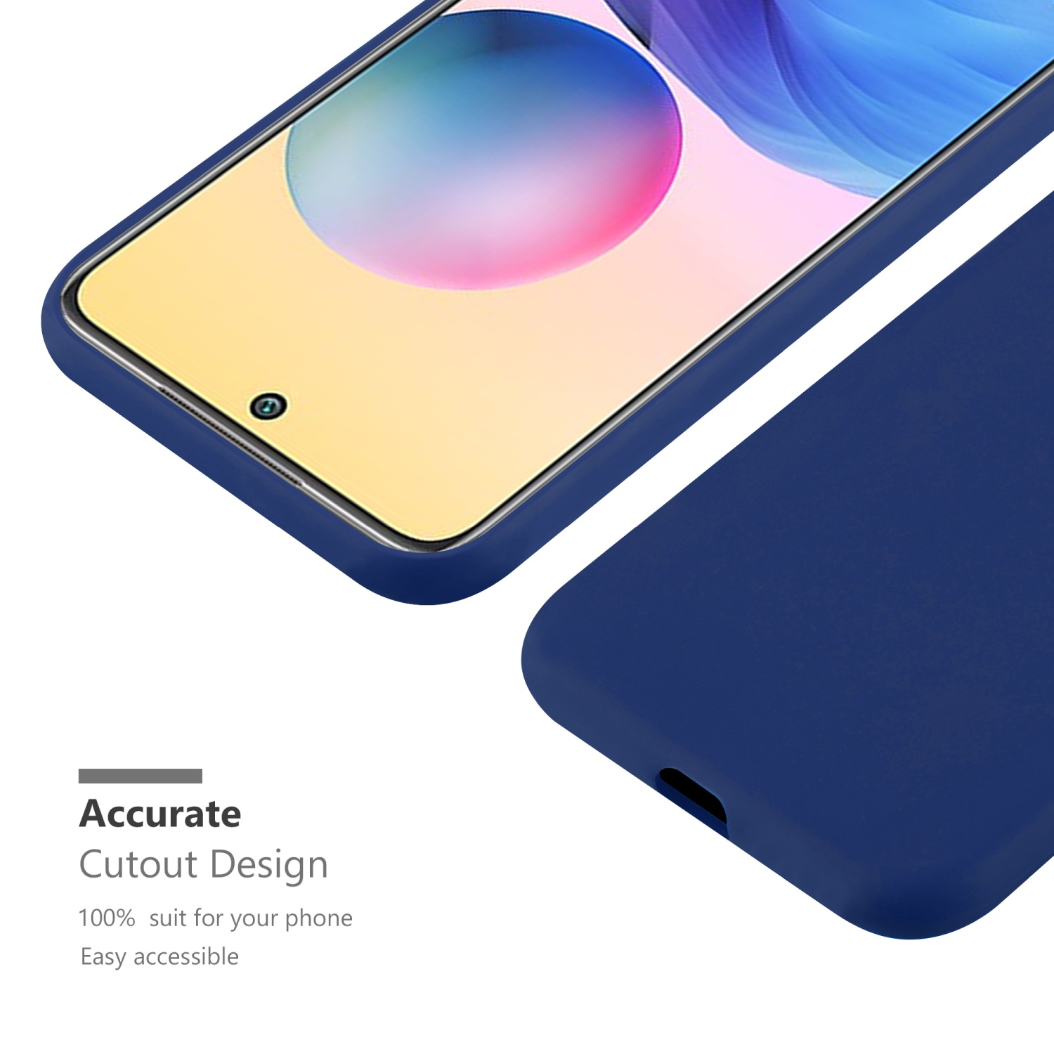 Un telefono in una custodia blu. Lo schermo mostra un design giallo. Lo sfondo è bianco. Il testo indica un design accurato.
