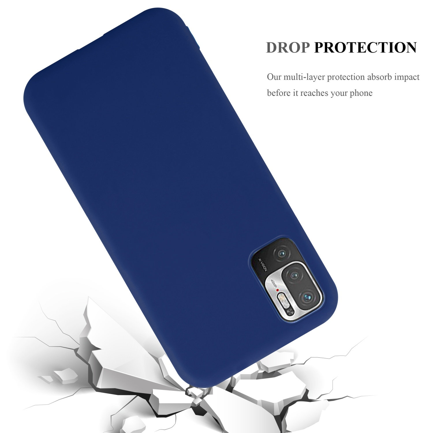 Custodia blu per telefono con telefono all'interno, che si schianta su una superficie incrinata, protezione dagli urti.