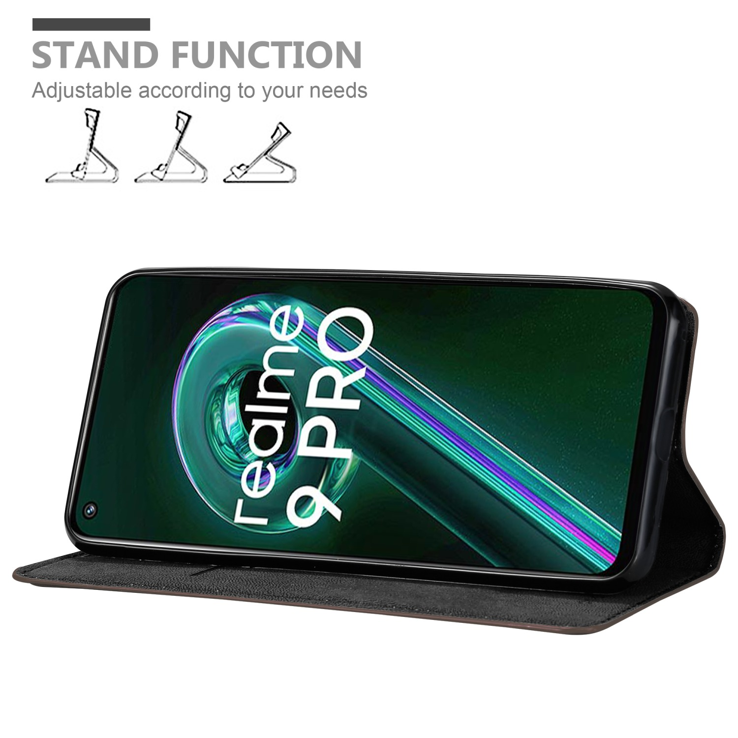 Telefono in una custodia a libro nera in modalità supporto. Schermo mostra il logo Realme 9 Pro.