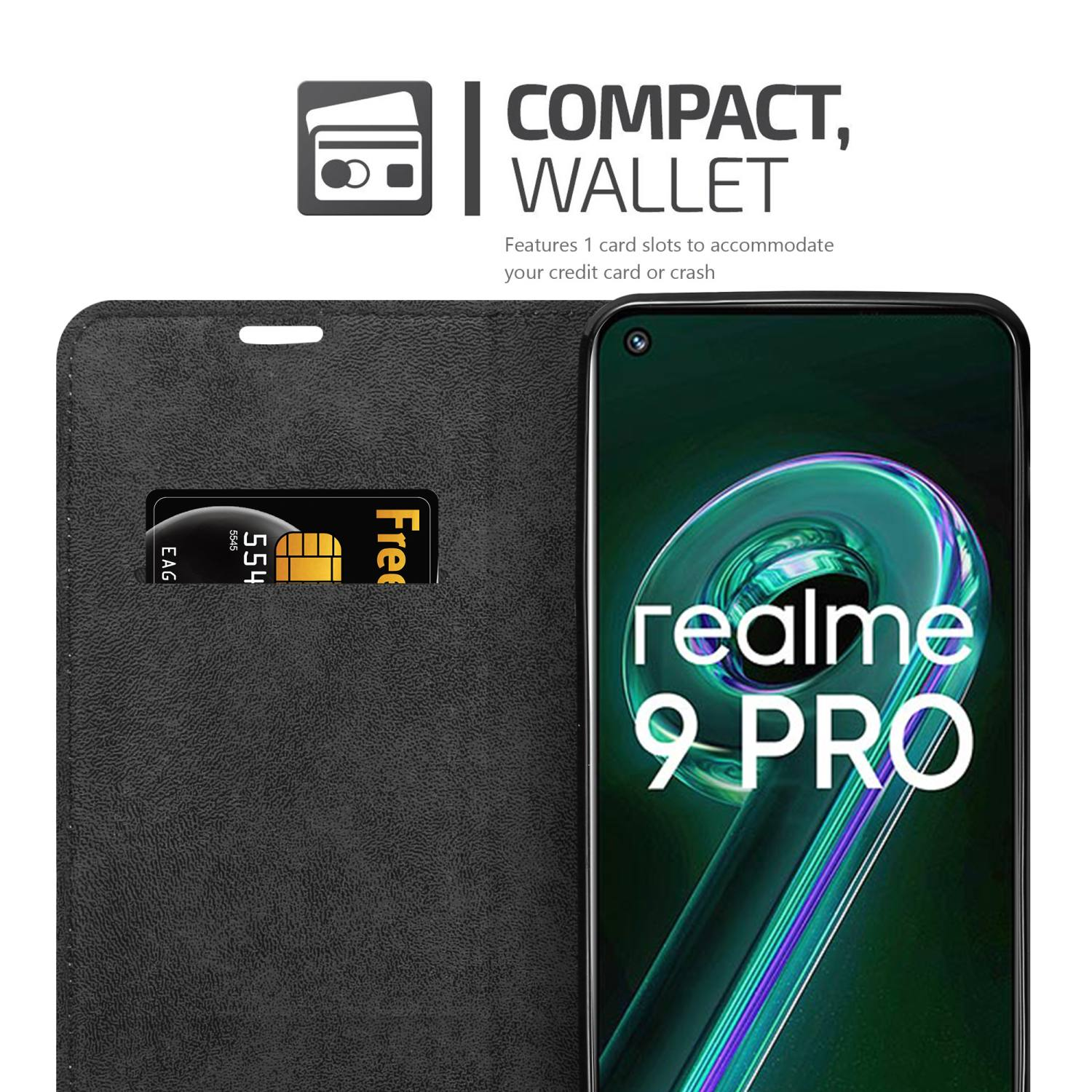 Custodia nera con slot per carte, telefono Realme 9 Pro a destra.