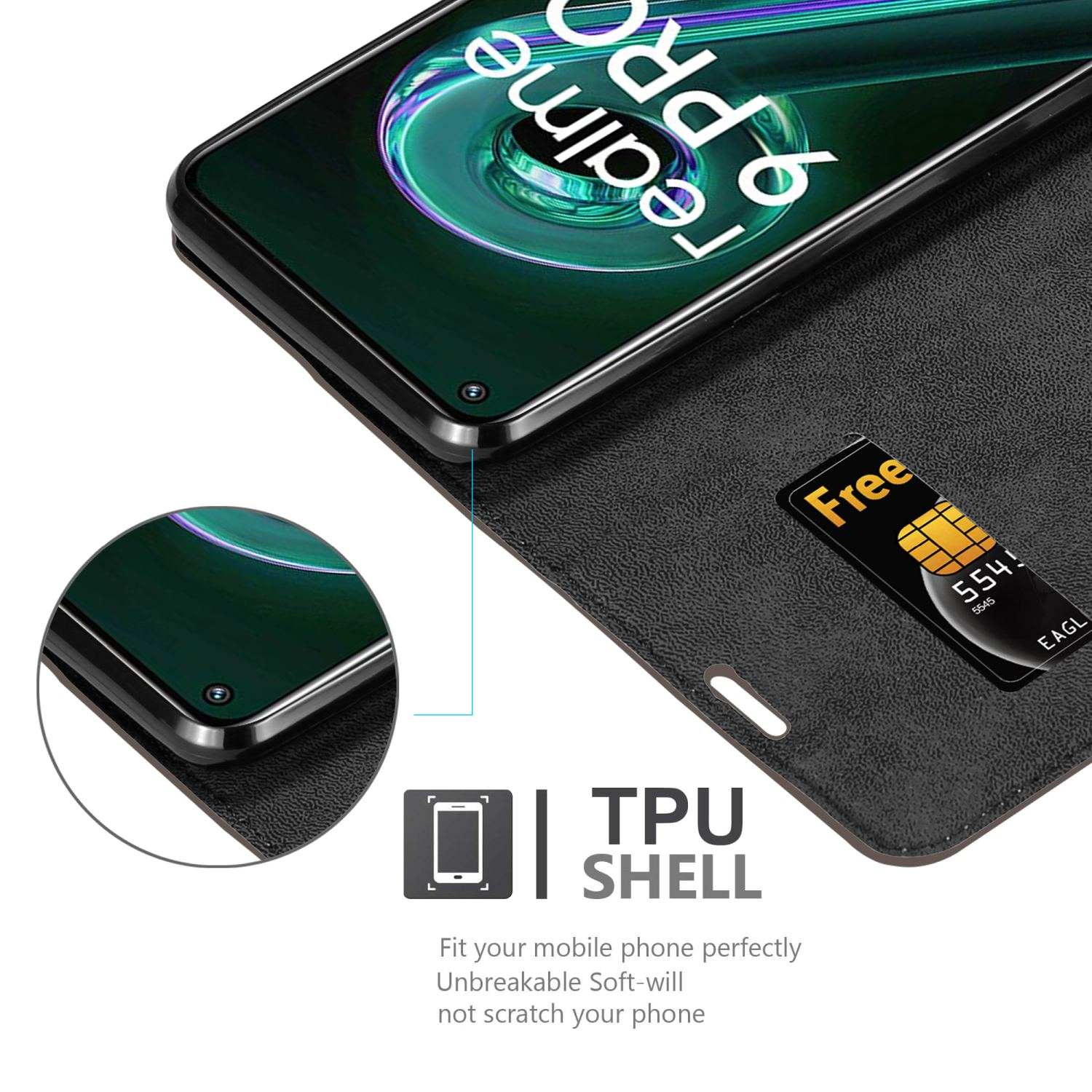 Telefono all'interno di una custodia, slot per schede visibile. Testo: TPU SHELL, telefono perfettamente in forma, materiale morbido.