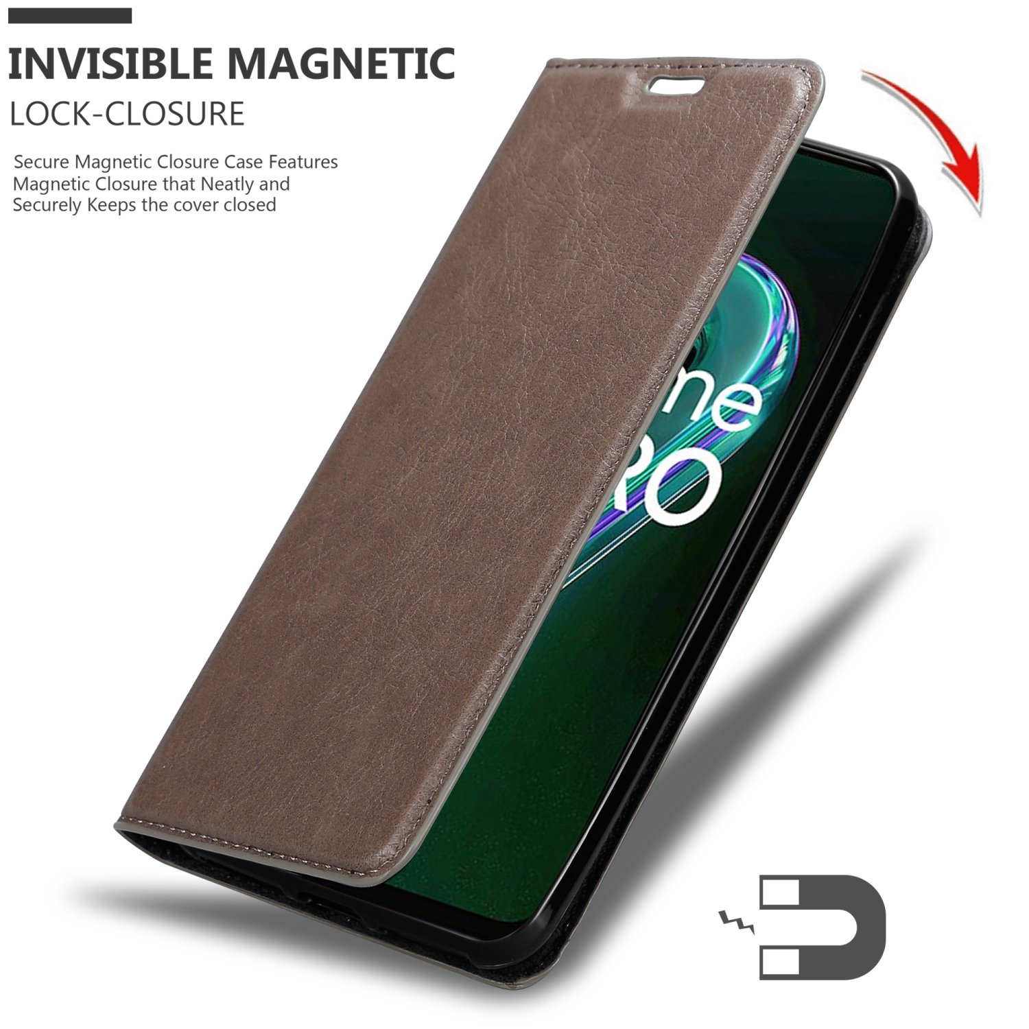 Custodia per telefono marrone con chiusura magnetica. Il telefono è nero. Sfondo bianco.