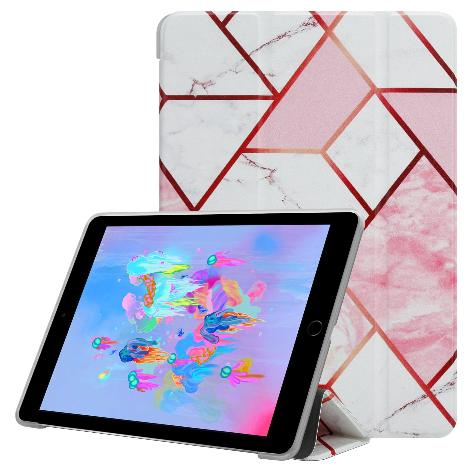 Tableta con una funda estampada rosa y blanca. La tableta muestra arte abstracto colorido.