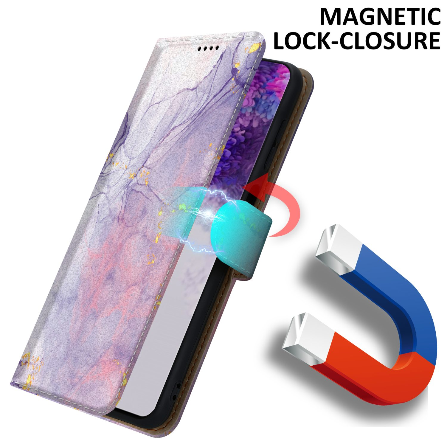 Custodia per telefono con design marmorizzato e chiusura magnetica.