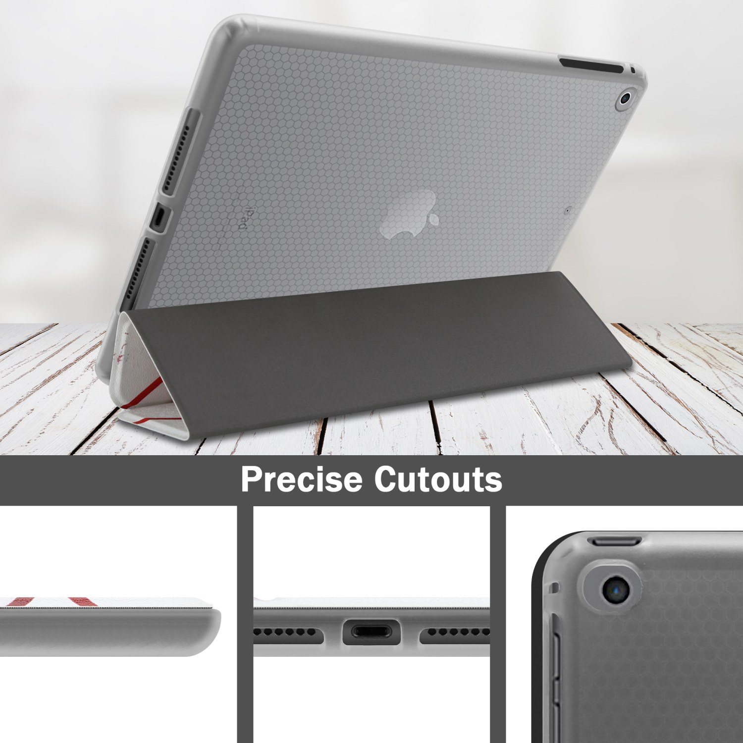 Tableta en una funda gris en posición vertical. La parte inferior muestra recortes precisos. Otras vistas muestran detalles.