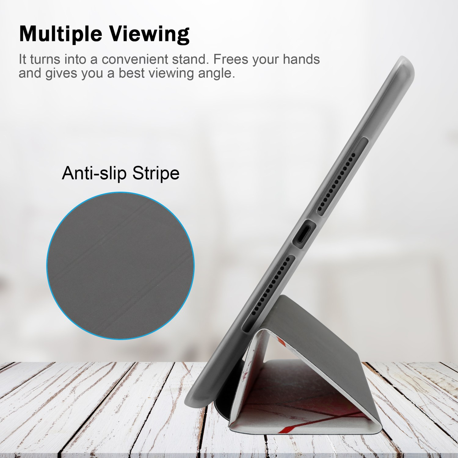 Tableta apoyada como soporte sobre una superficie de madera, con texto sobre múltiples ángulos de visión.
