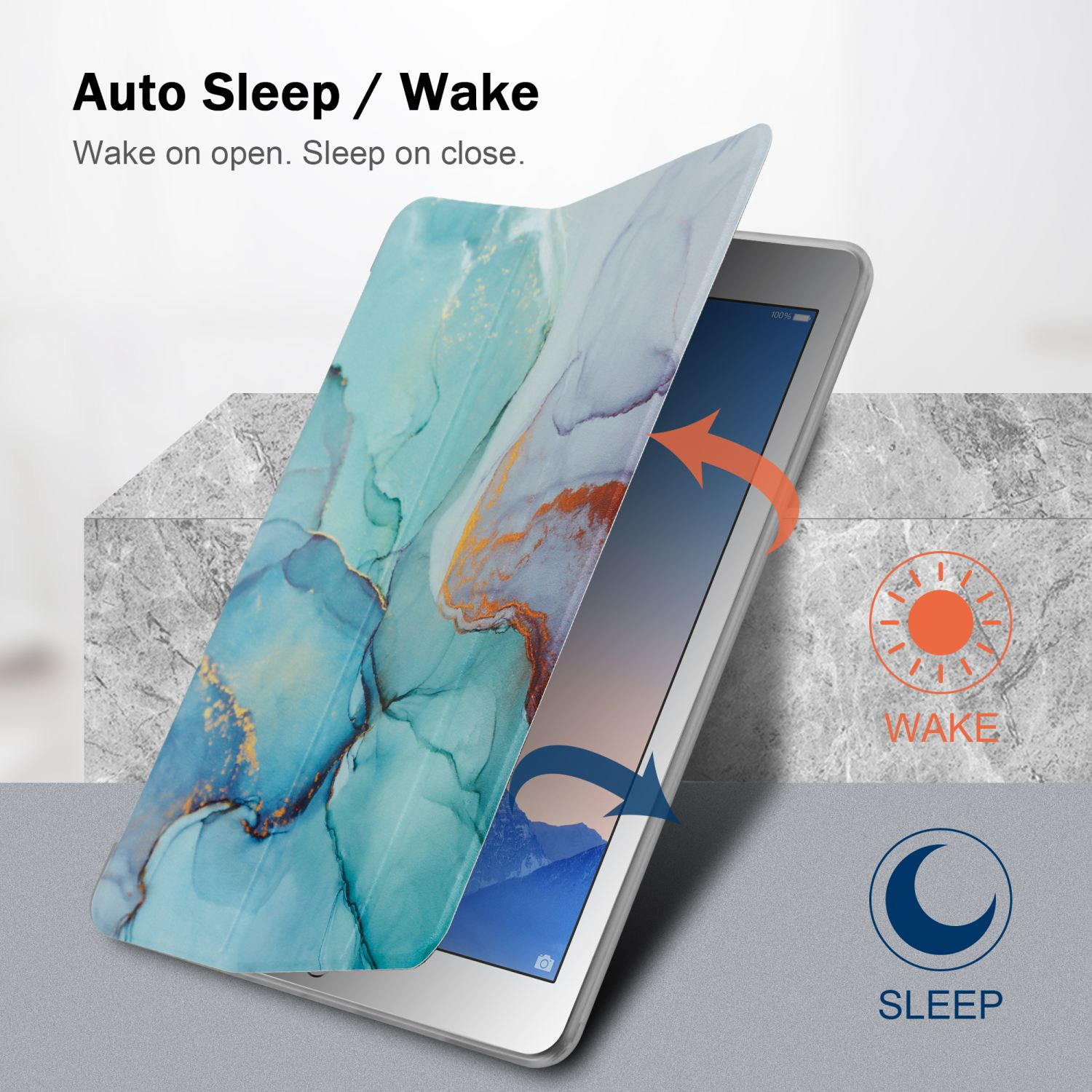 Tablet con custodia aperta. La custodia ha un design marmorizzato, con una grafica a freccia arancione e blu.