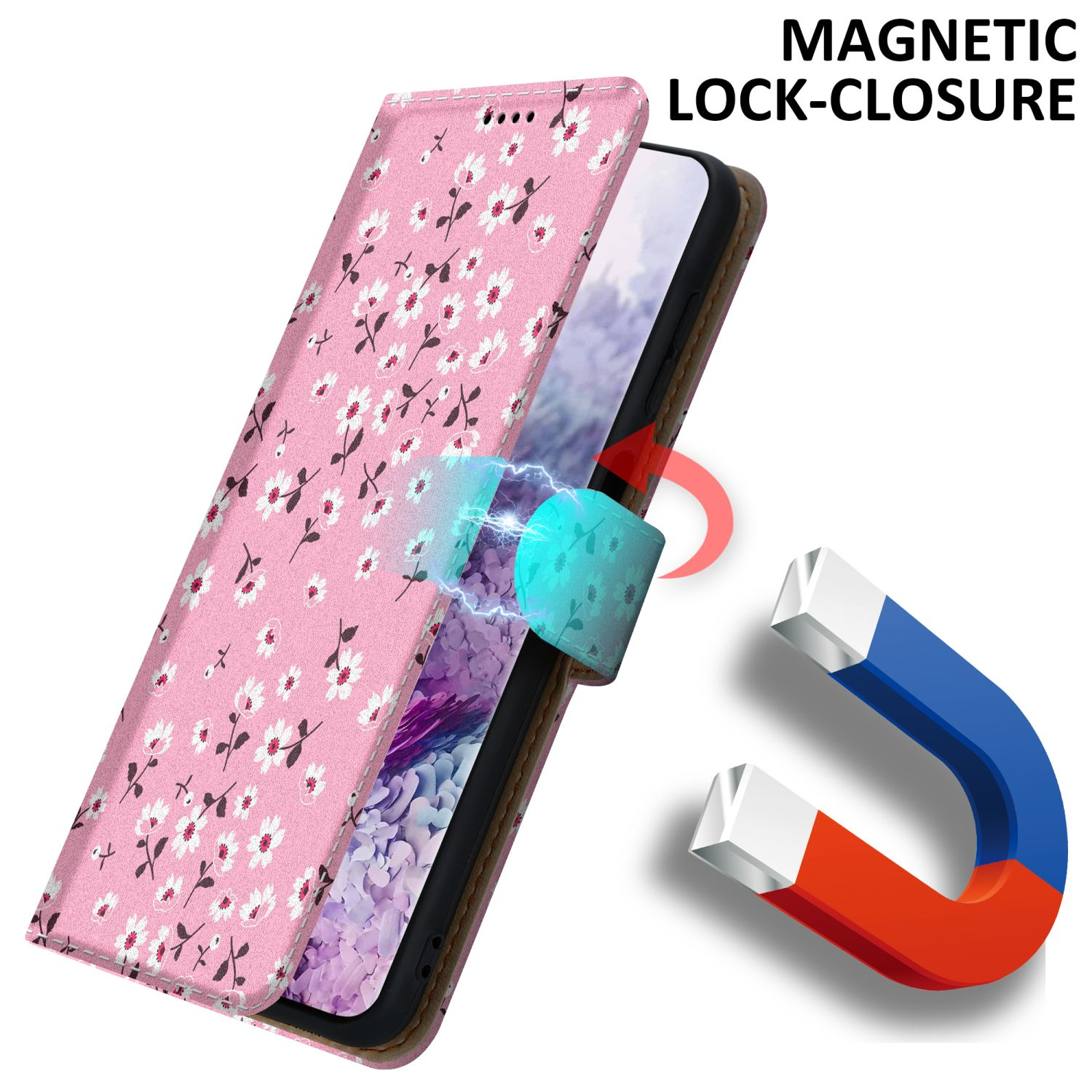 Custodia rosa per telefono con design floreale, aperta per mostrare il telefono. Chiusura magnetica mostrata.