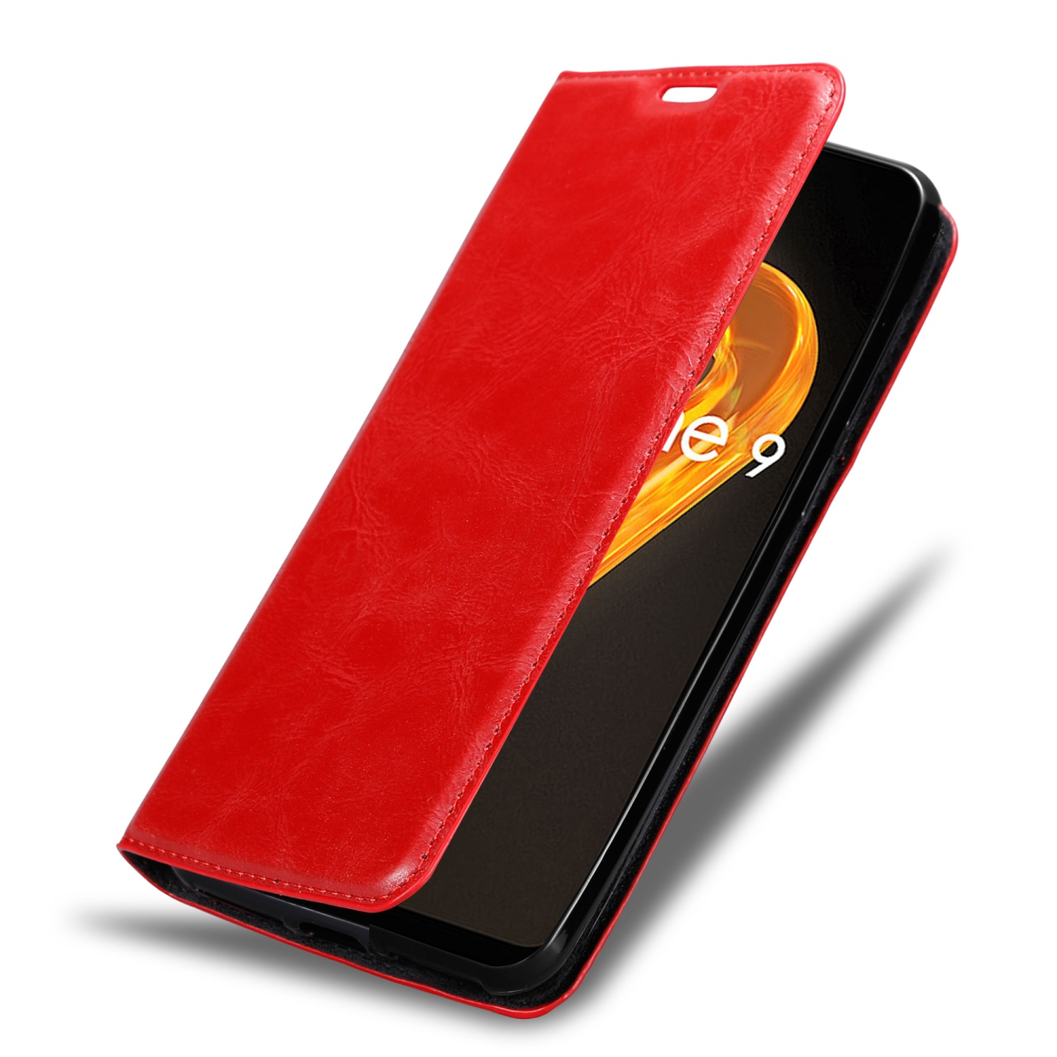 Rote Handyhülle mit geöffneter Abdeckung, die den Telefonbildschirm freigibt. Das Telefon ist in der Hülle.