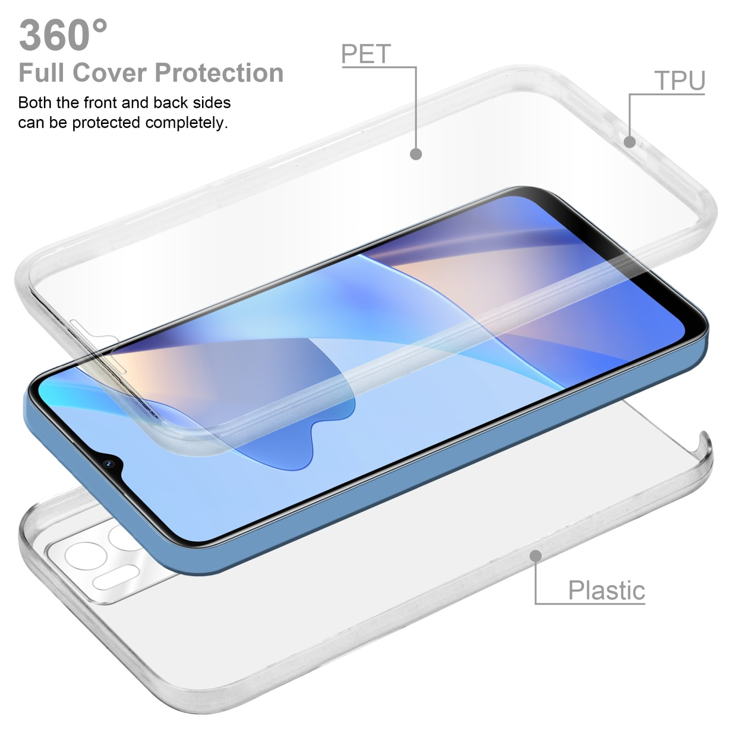 Un telefono all'interno di una custodia trasparente. Gli strati in PET e TPU proteggono il telefono. Il telefono ha una cornice blu.