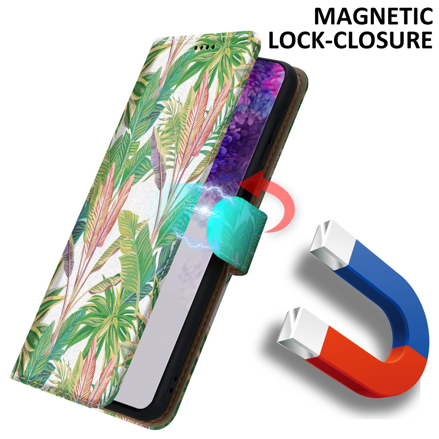 Custodia per telefono aperta, con un telefono all'interno. La custodia ha una stampa floreale e una chiusura magnetica.