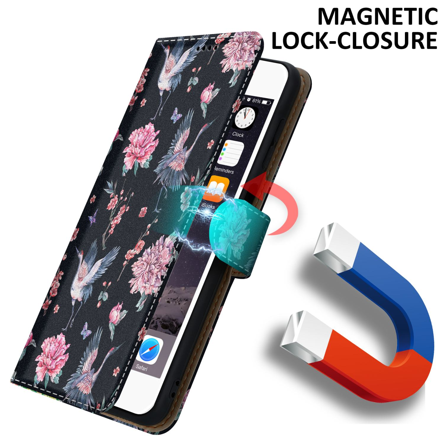 Custodia con stampa floreale, chiusura magnetica. Schermo del telefono mostra icone e orologio.