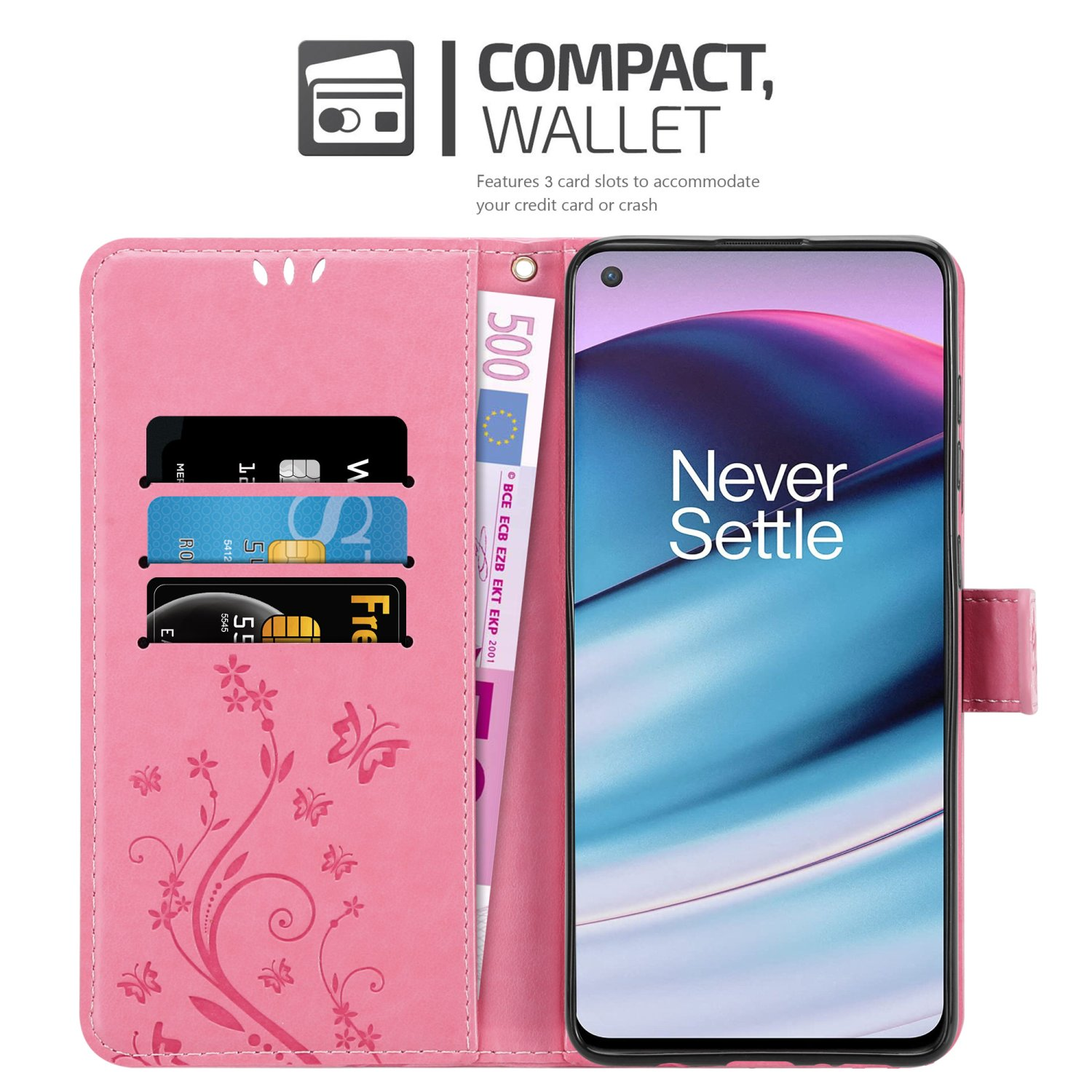 Portafoglio per custodia telefono rosa. Dispone di slot per carte e una banconota. Un telefono con schermo nero all'interno.