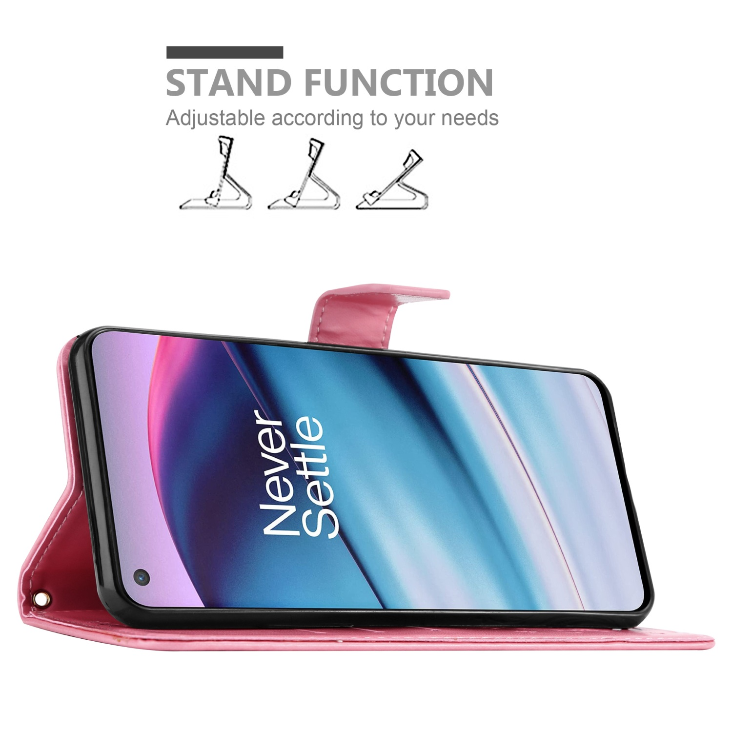 Custodia per telefono rosa con telefono che mostra il testo 'Never Settle'. Funzione stand mostrata con tre diagrammi.