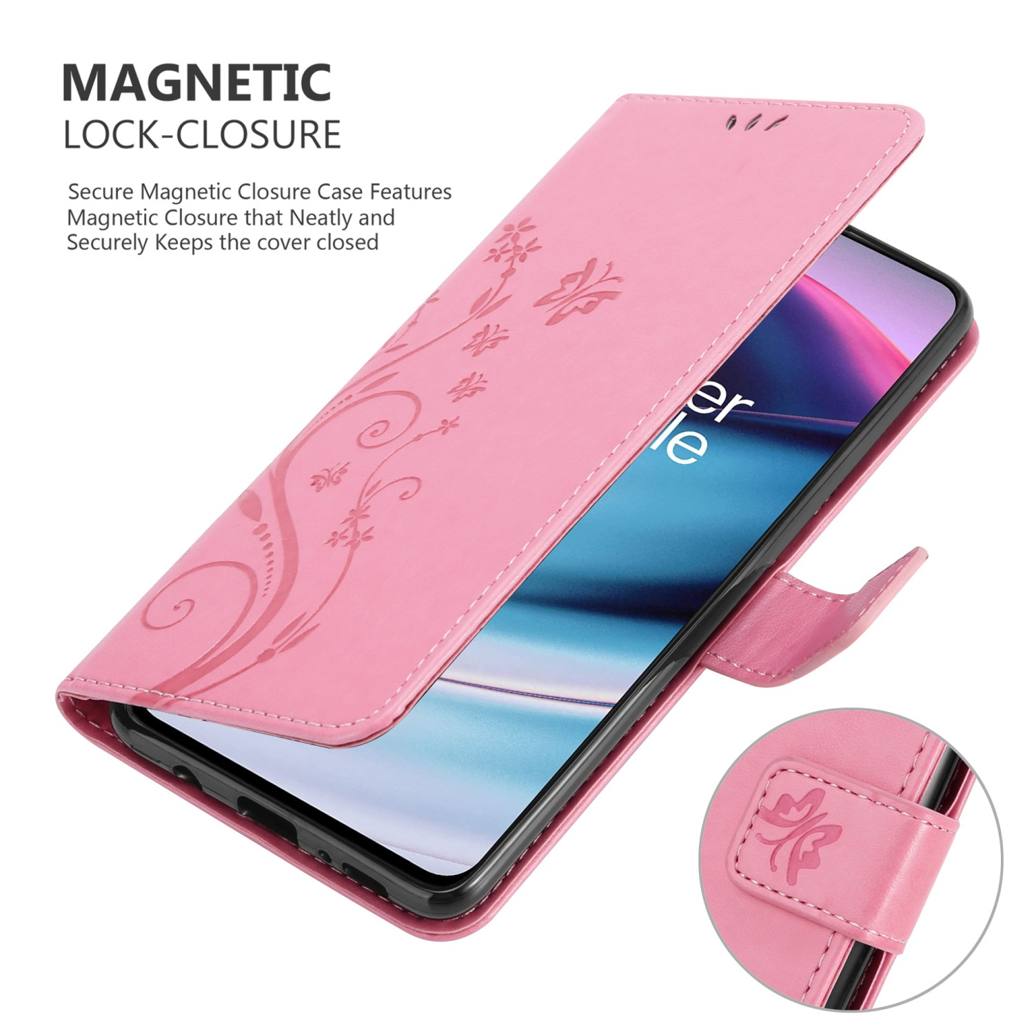 Una custodia per telefono rosa è mostrata aperta con un telefono all'interno, la custodia ha un design floreale e una chiusura magnetica.