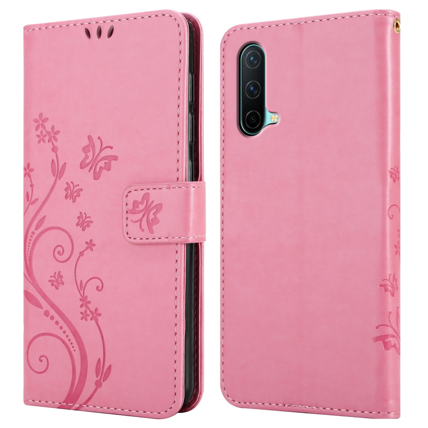 Custodia rosa con telefono all'interno. Design floreale sulla custodia. La custodia è in posizione aperta e chiusa.