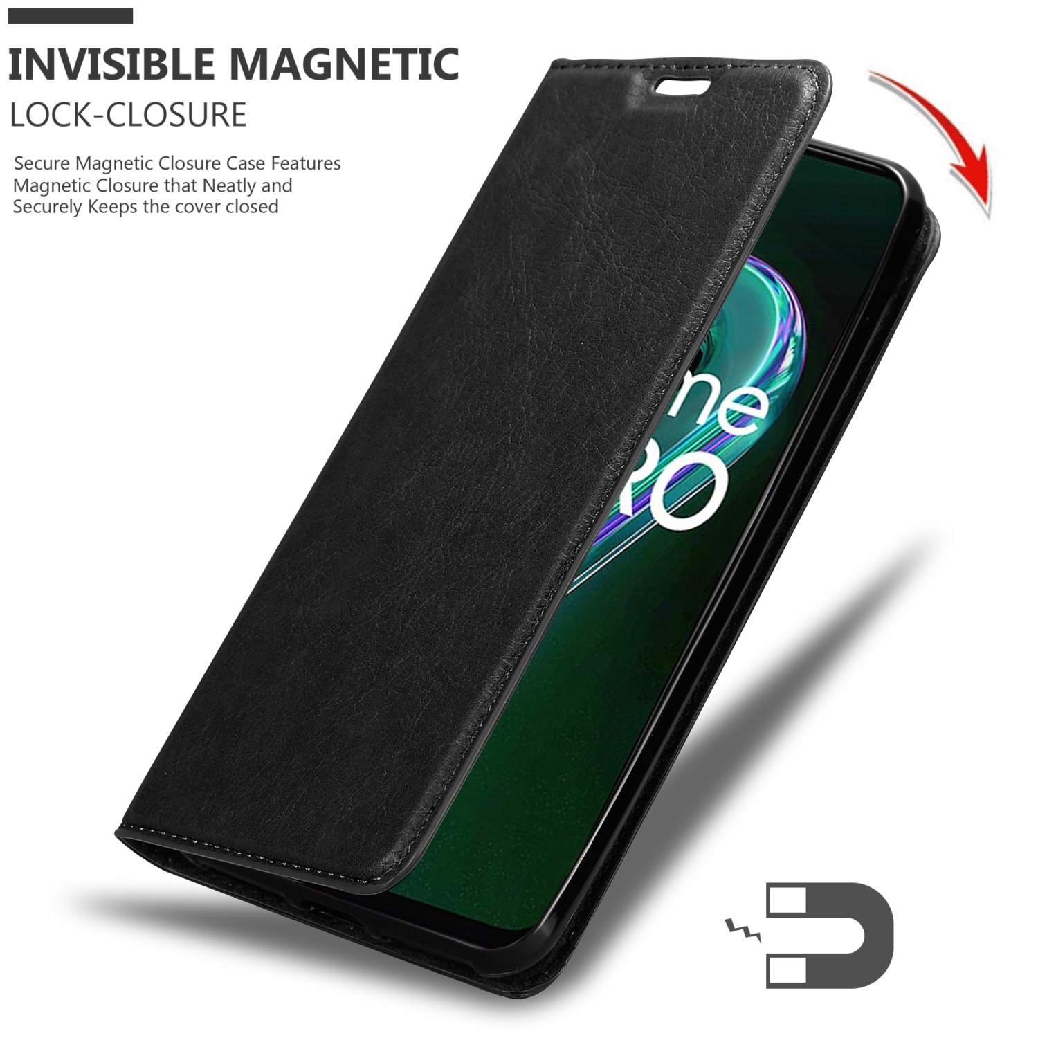 Una custodia nera è aperta, rivelando uno schermo del telefono con un simbolo di calamita, che mostra la chiusura.