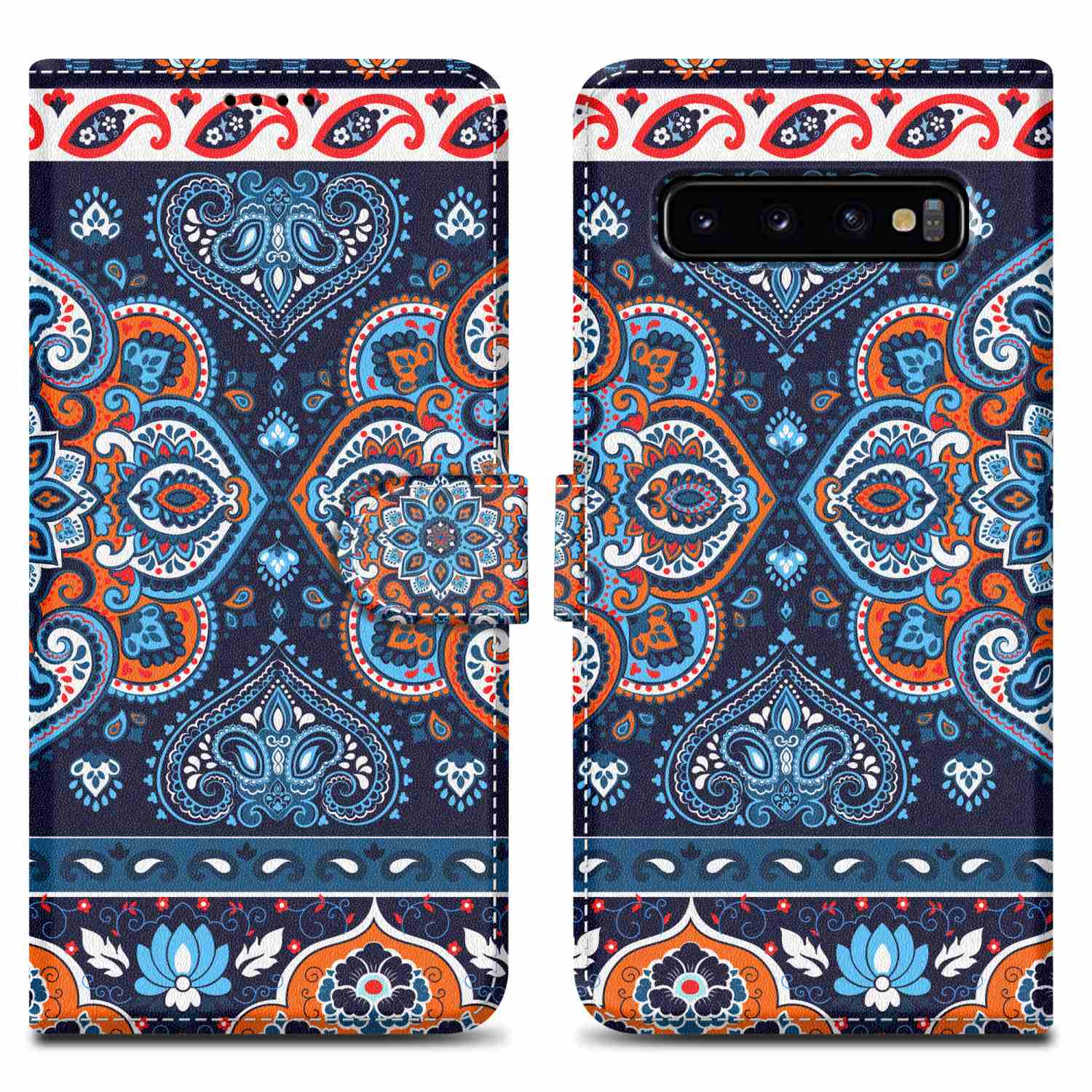 Eine Handyhülle mit einem dekorativen Paisley-Design in Blau, Orange und Weiß.